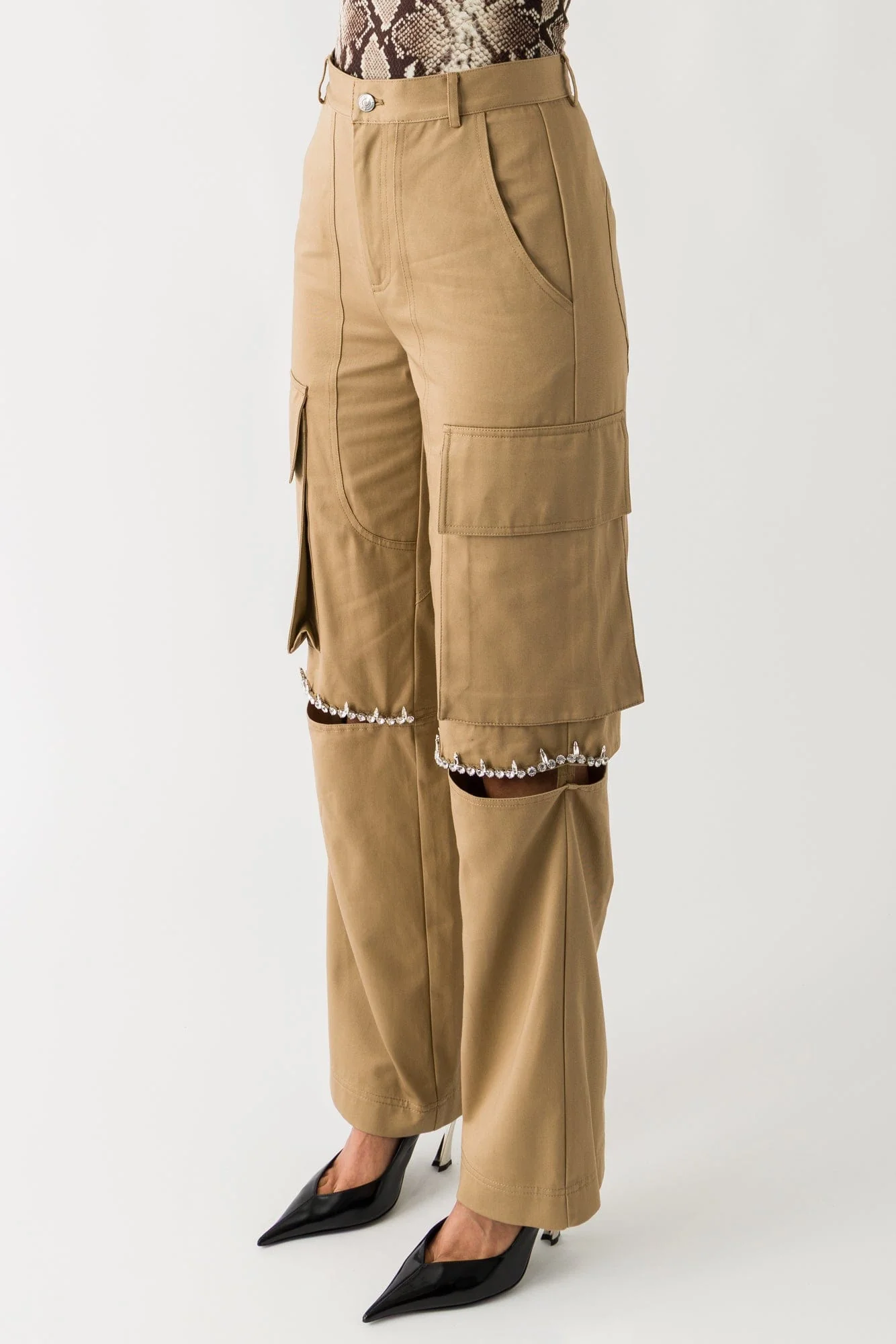 Area Crystal Slit Cargo Pant In Tan - Image 2