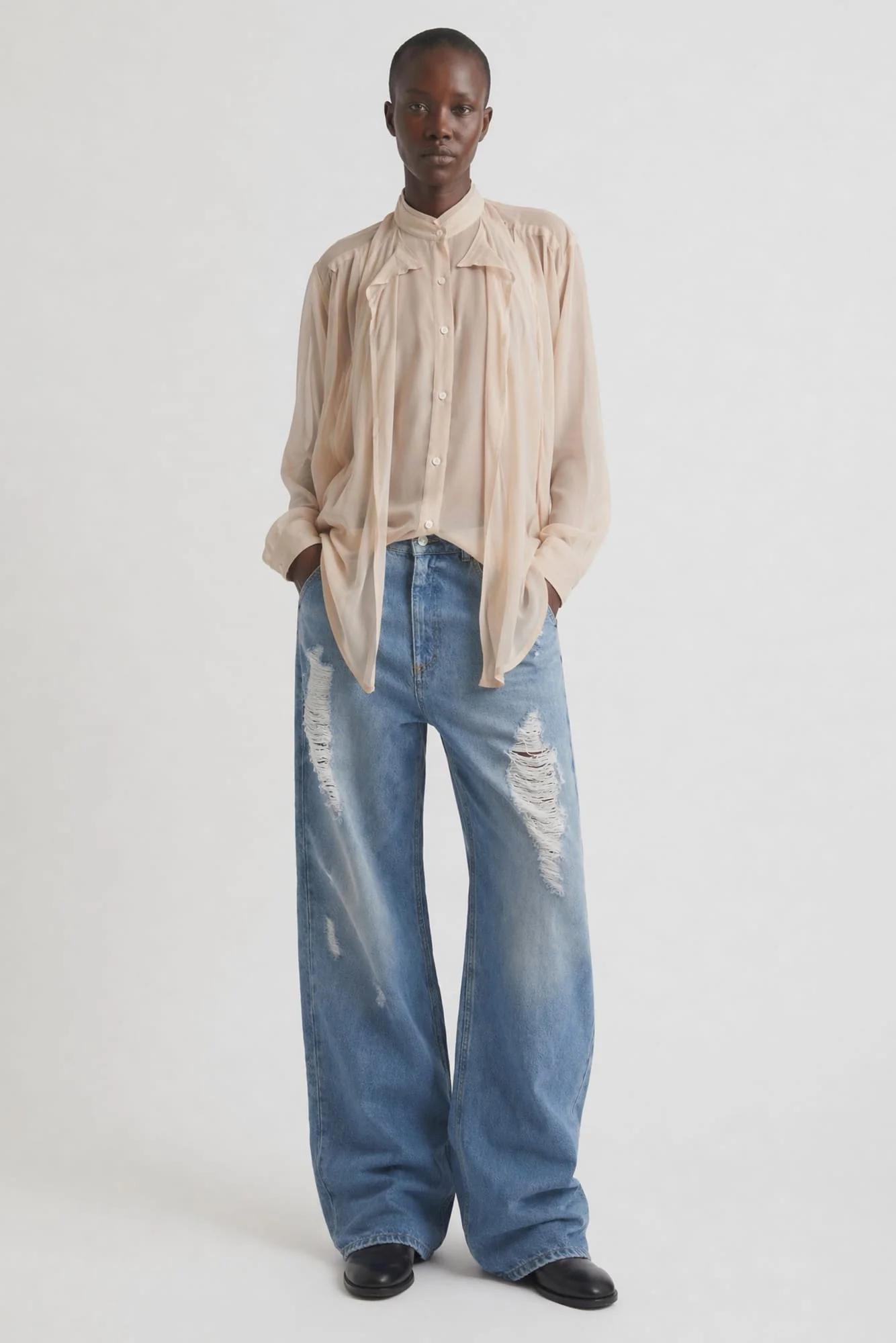 Comme Des Garçons Layered Shirt with Pocket in Beige - Image 4