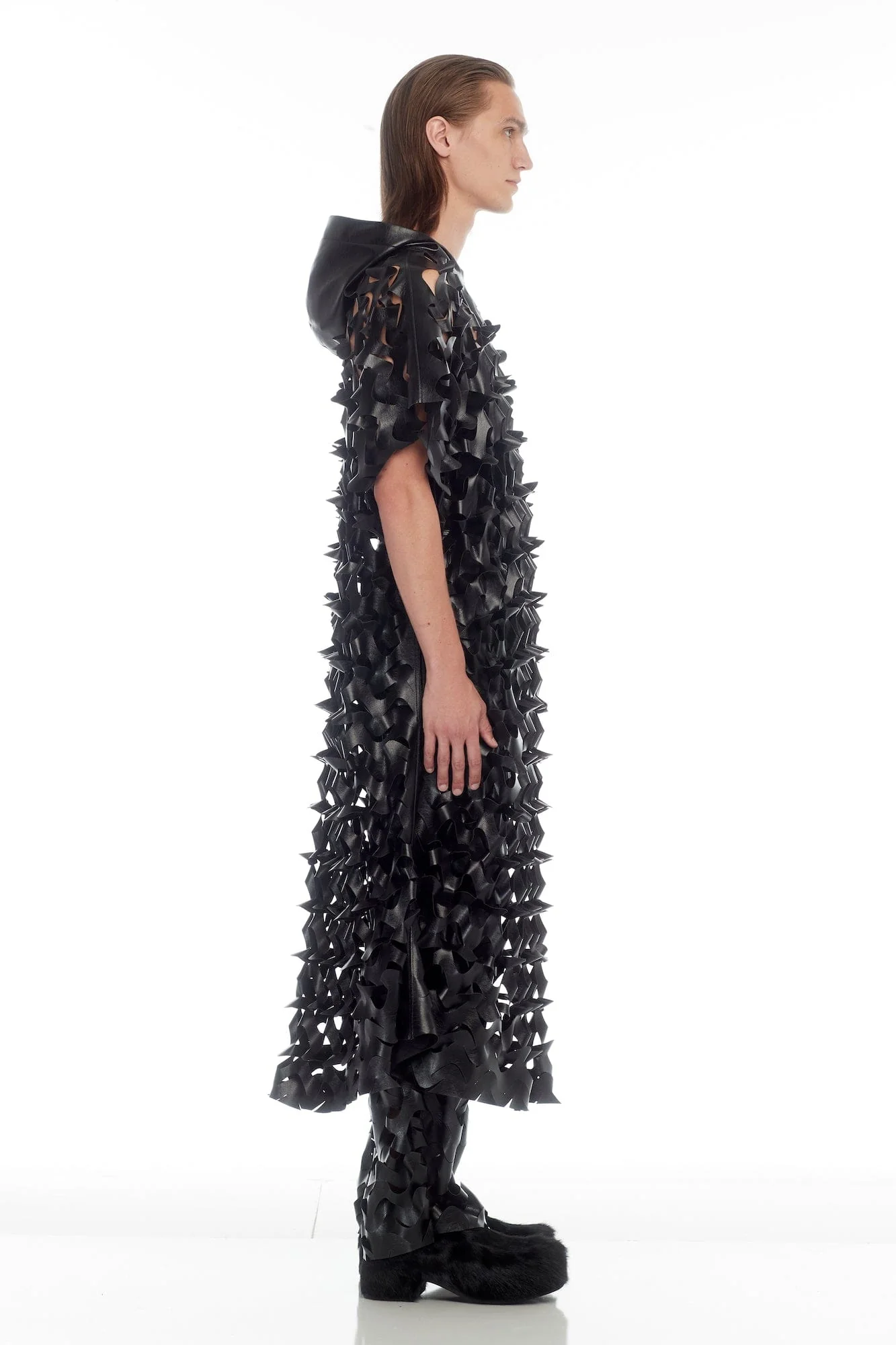 Lu'u Dan Unisex Laser-cut Leather Poncho in Black - Image 4