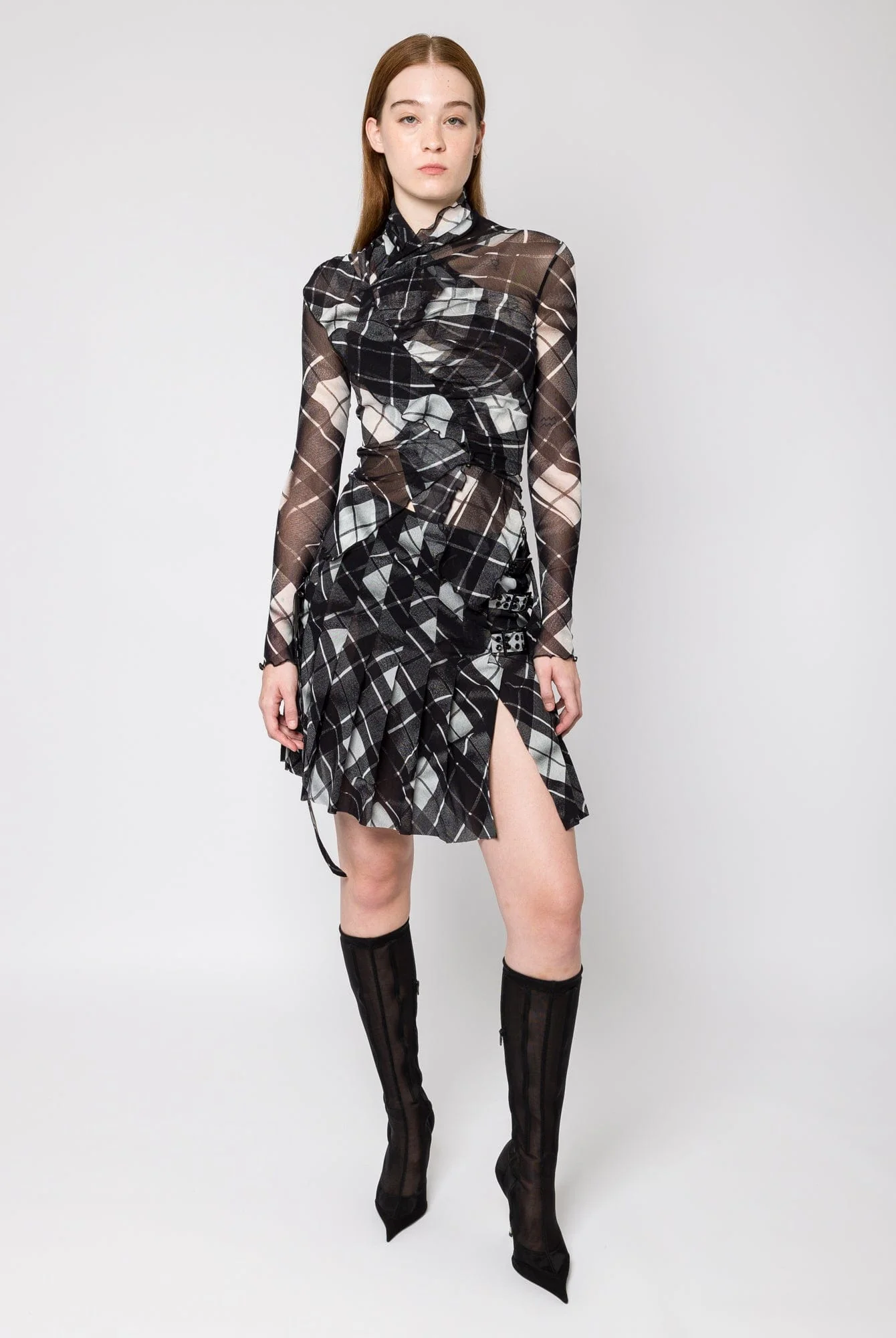 Jean Paul Gaultier Distorted Tartan Mesh Draped Long Sleeve Top - Image 4
