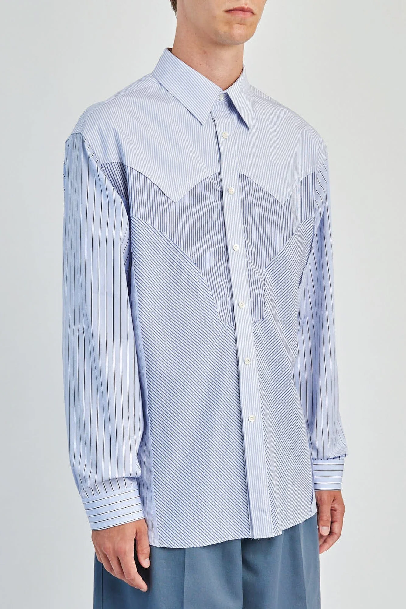 Maison Margiela Long Sleeved Mixed Stripe Shirt in Blue and White - Image 2