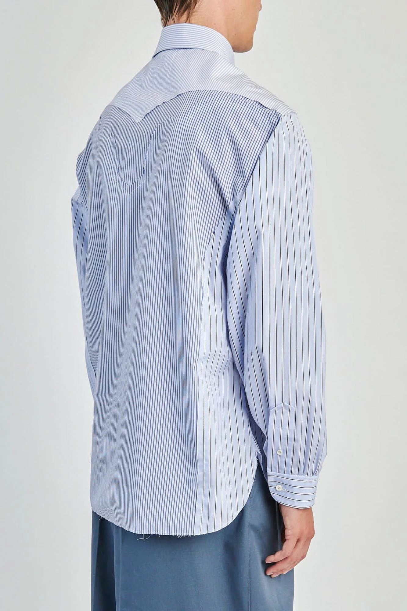 Maison Margiela Long Sleeved Mixed Stripe Shirt in Blue and White - Image 3