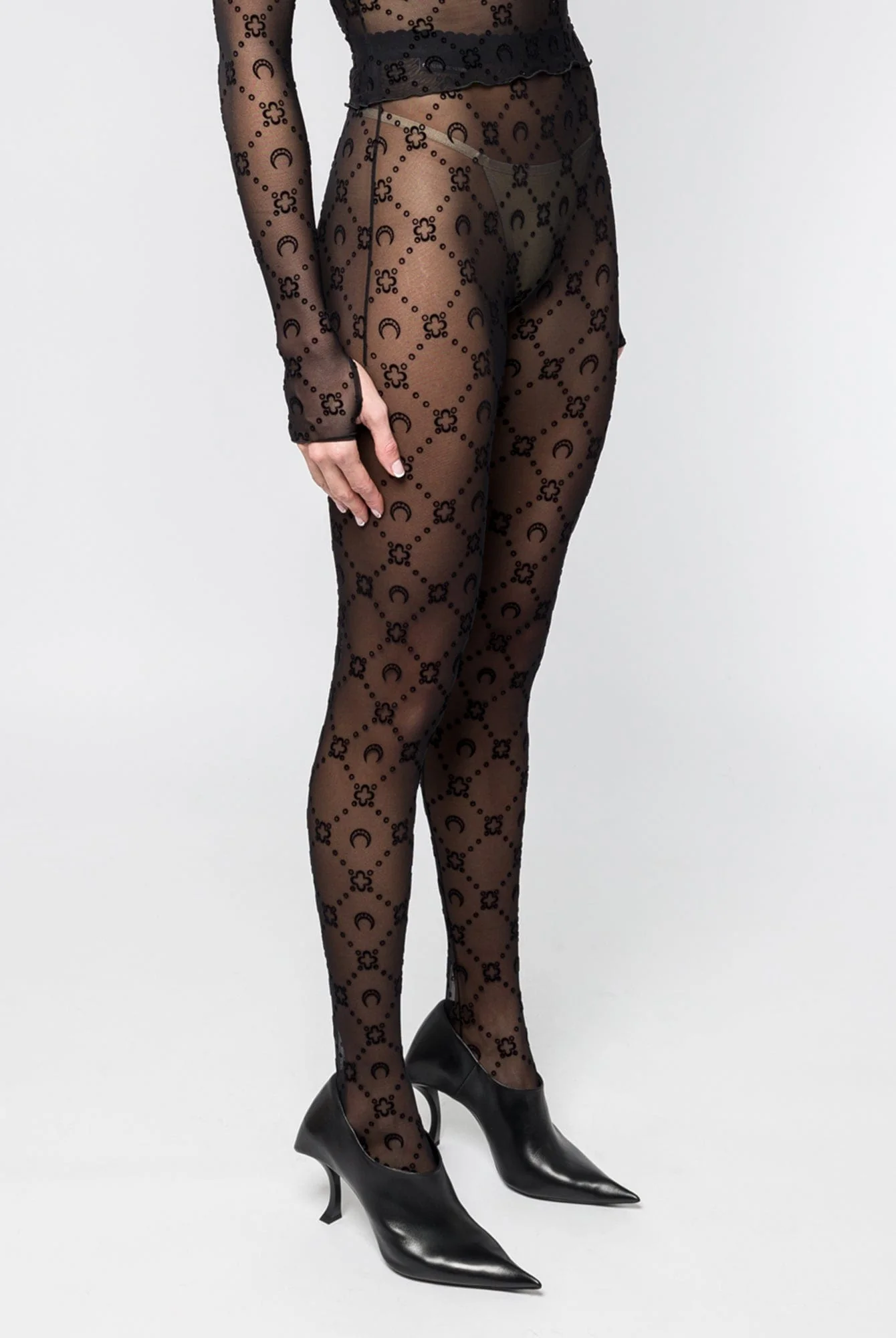Marine Serre Moonogram Mesh Flock Tights in Black - Image 2