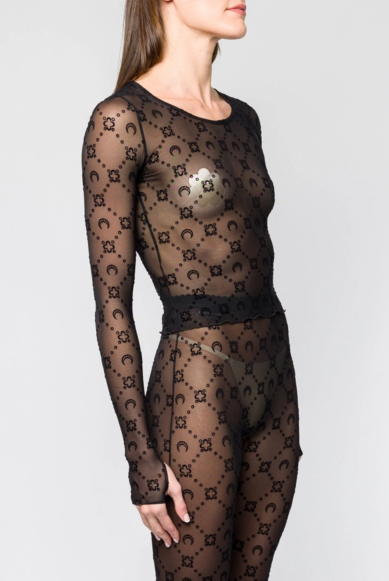 Marine Serre Moonogram Mesh Flocked Second Skin Cropped Top in Black - Image 2