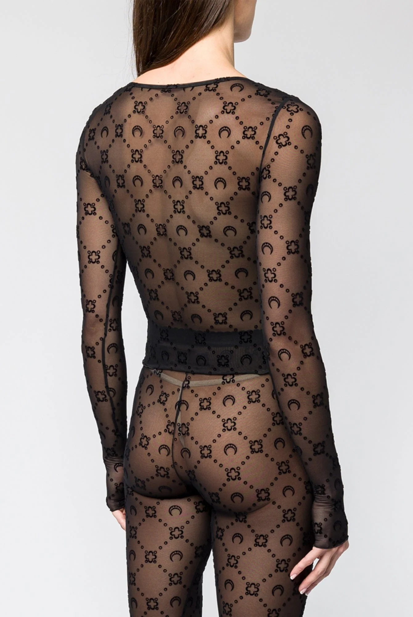 Marine Serre Moonogram Mesh Flocked Second Skin Cropped Top in Black - Image 3