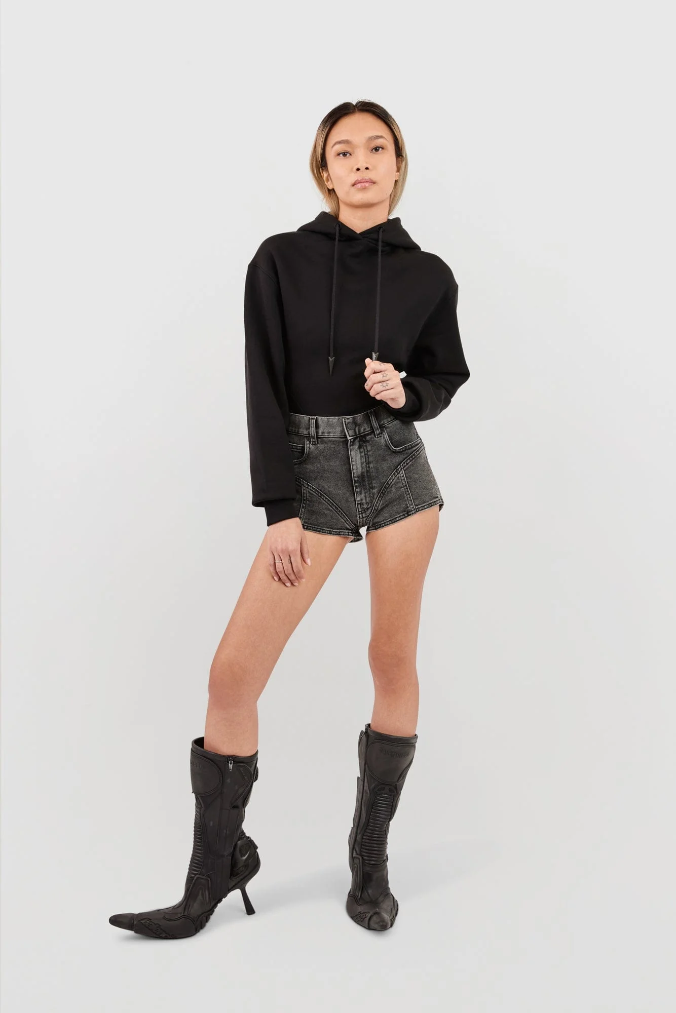 Mugler Denim Stretch Shorts in Washed Black - Image 4