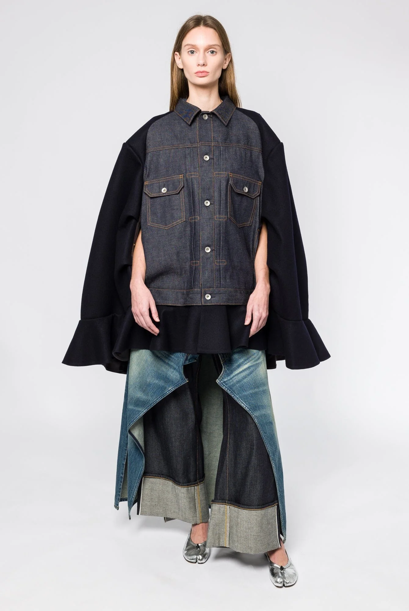 Sacai Denim x Wool Melton Cape - Image 4