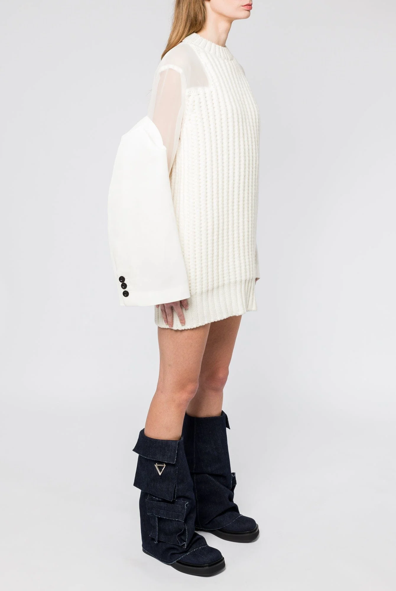 Sacai Silk Chiffon Mix Knit Dress in Off White - Image 2