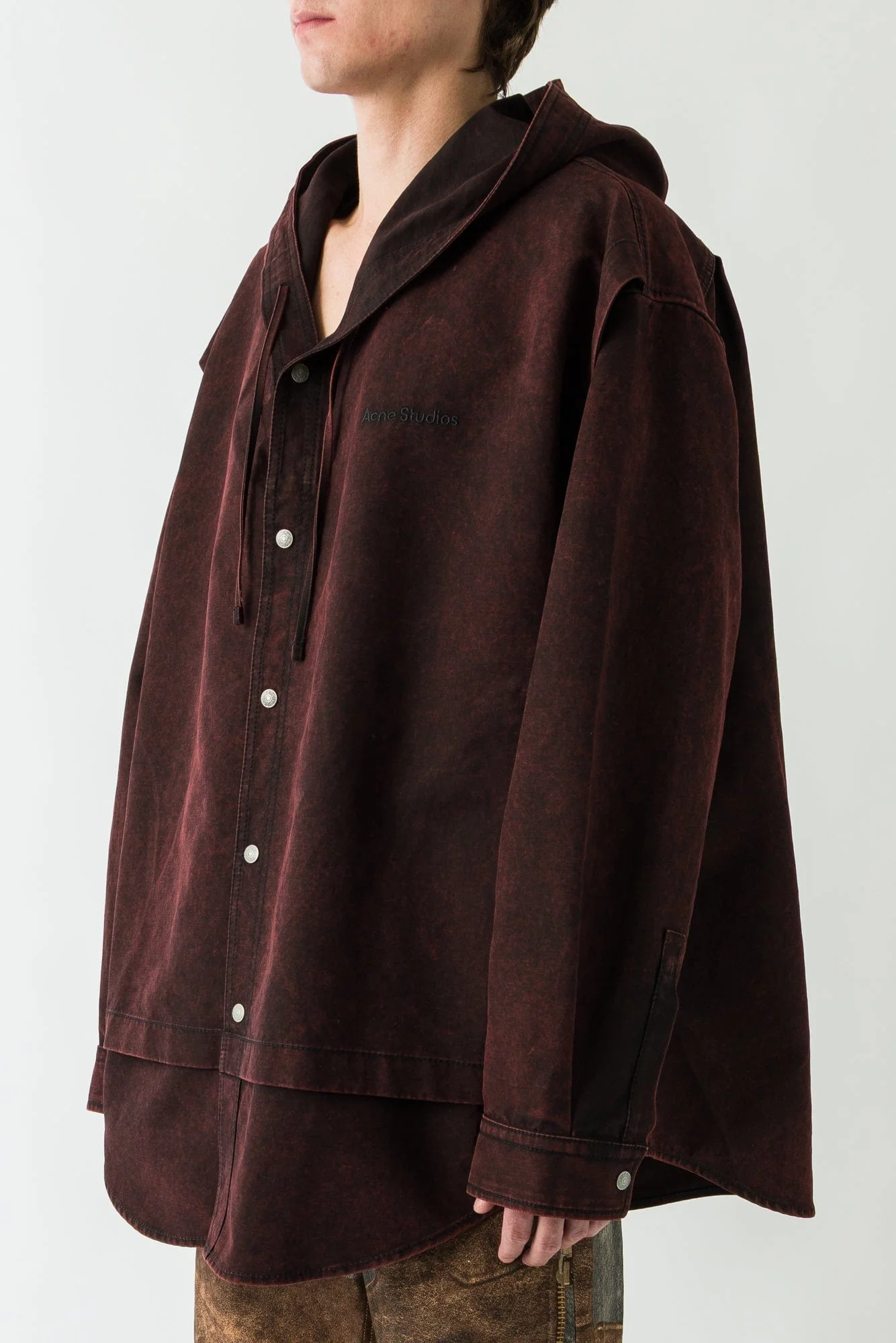 Acne Studios Buttoned Hoodie in Burgundy - Image 2
