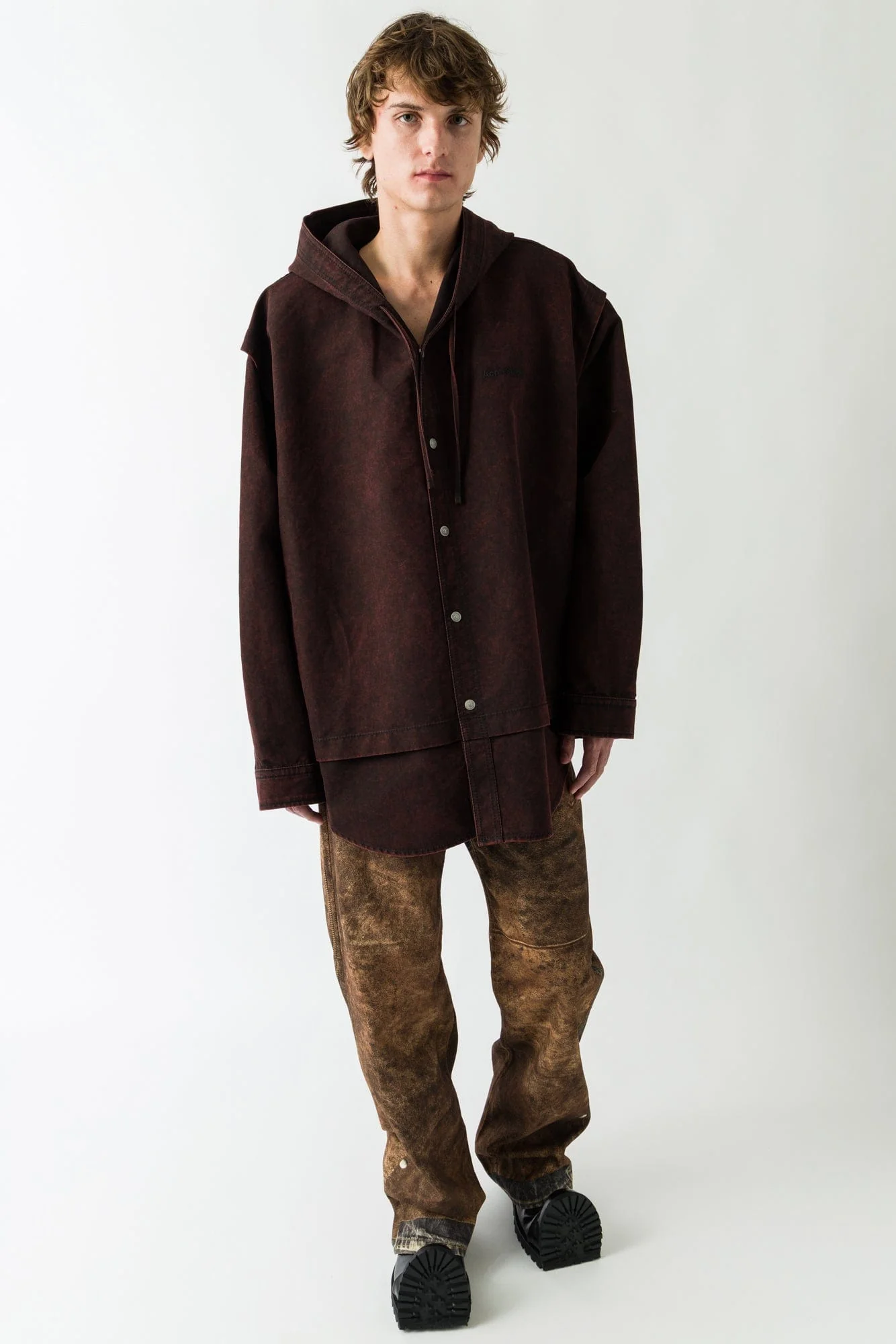 Acne Studios Buttoned Hoodie in Burgundy - Image 4