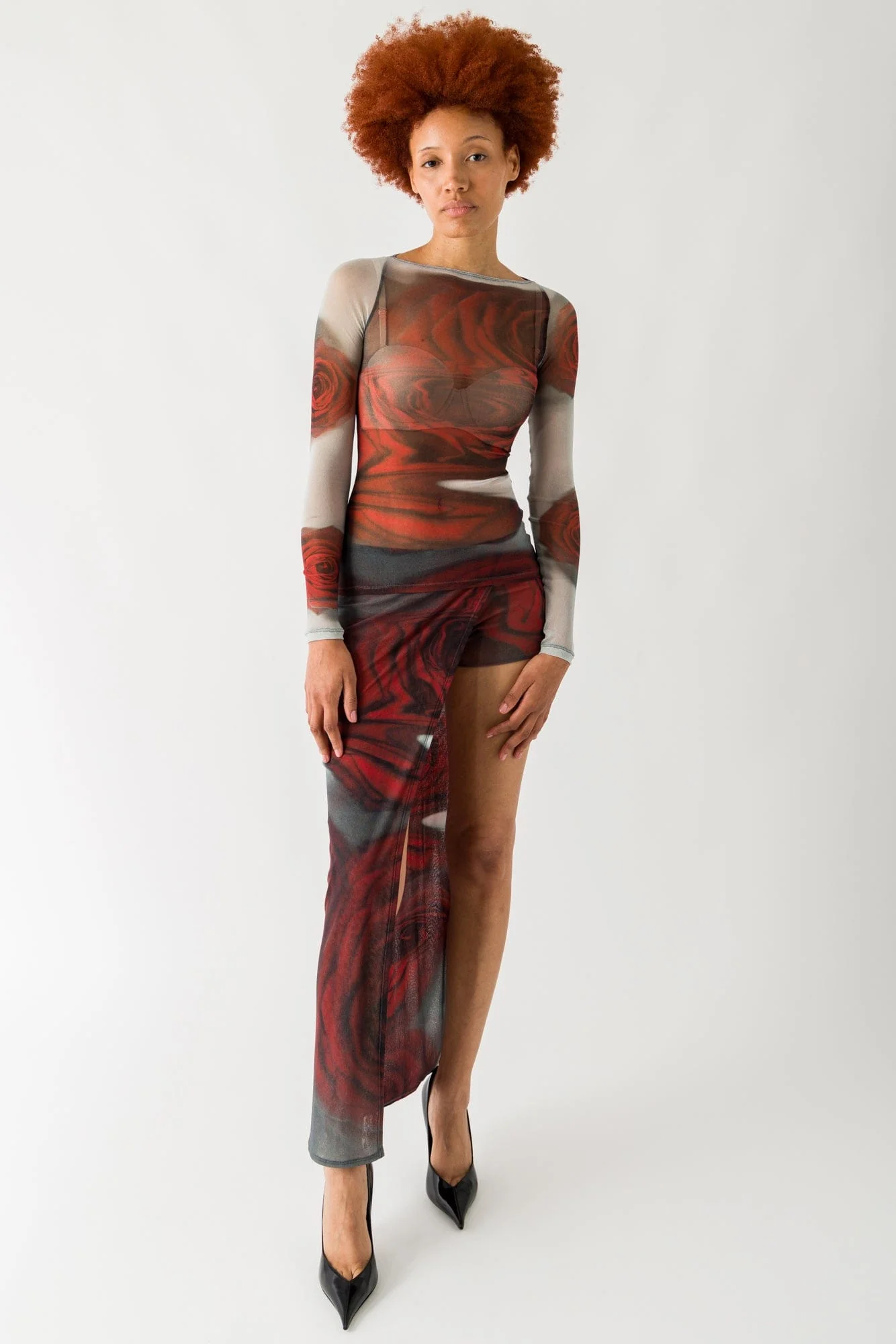 Jean Paul Gaultier Mesh Asymmetric Mini Skirt in Blurry Roses - Image 4