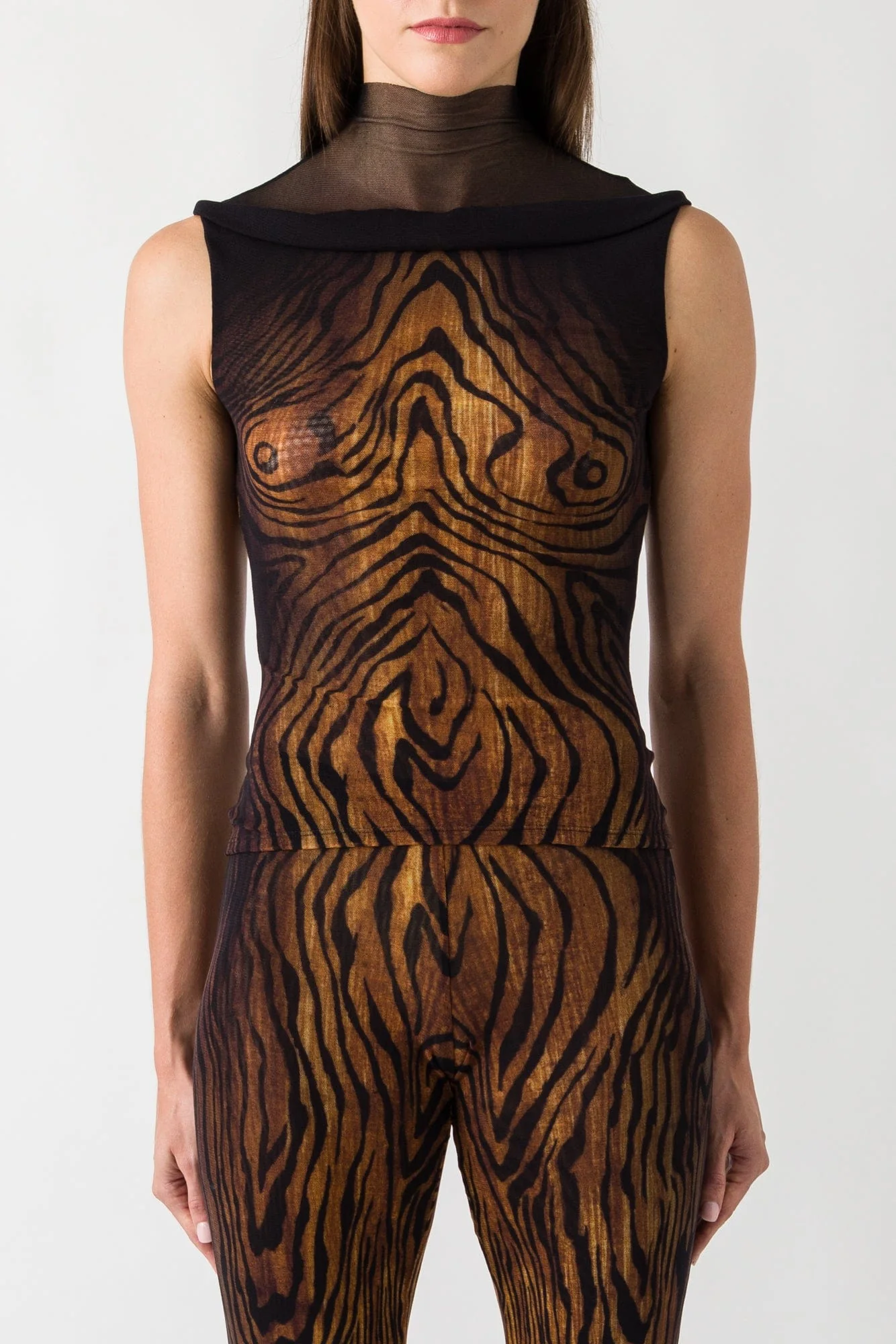 Jean Paul Gaultier Mesh High Neck Printed Tank In Wood