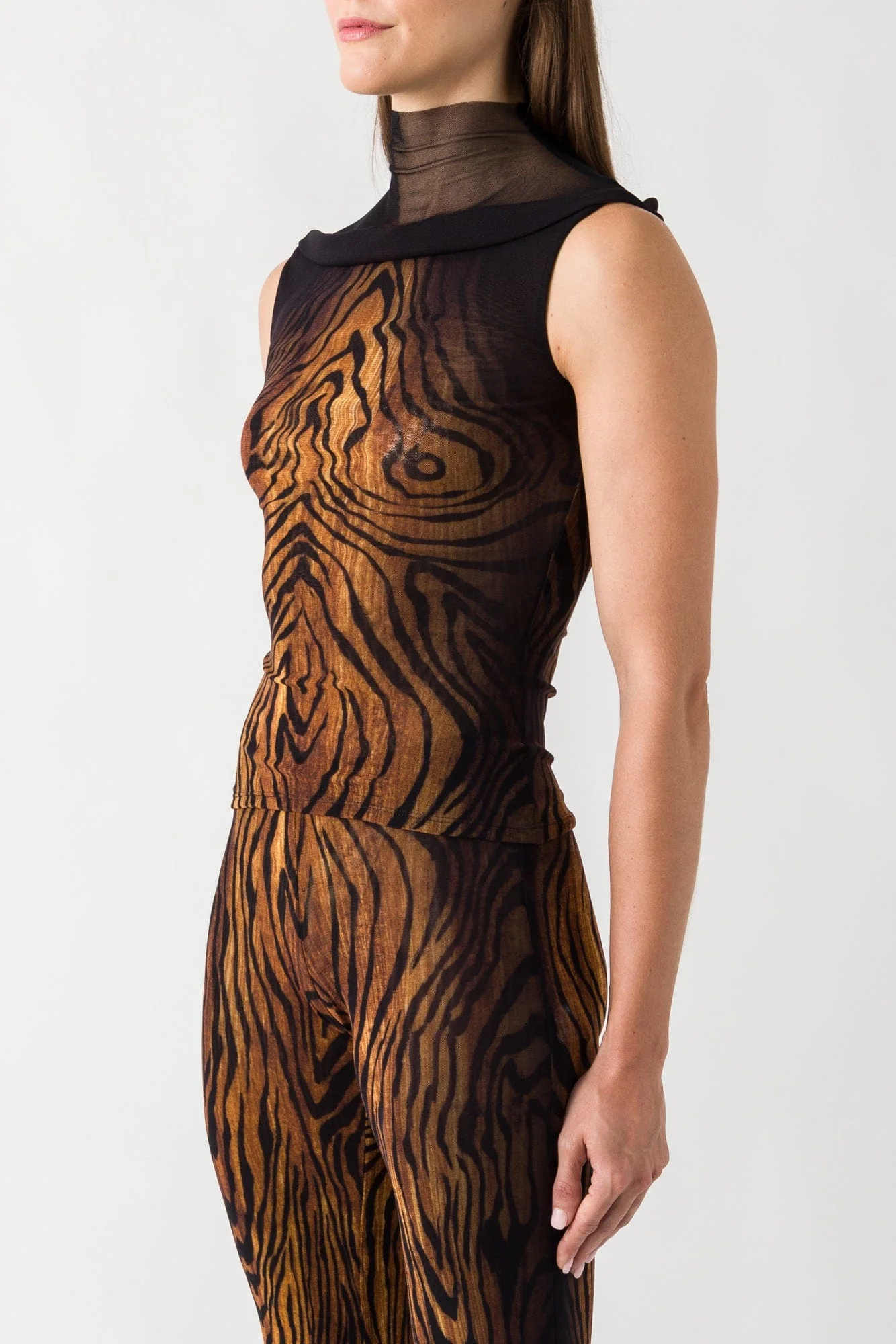 Jean Paul Gaultier Mesh High Neck Printed Tank In Wood - Image 2