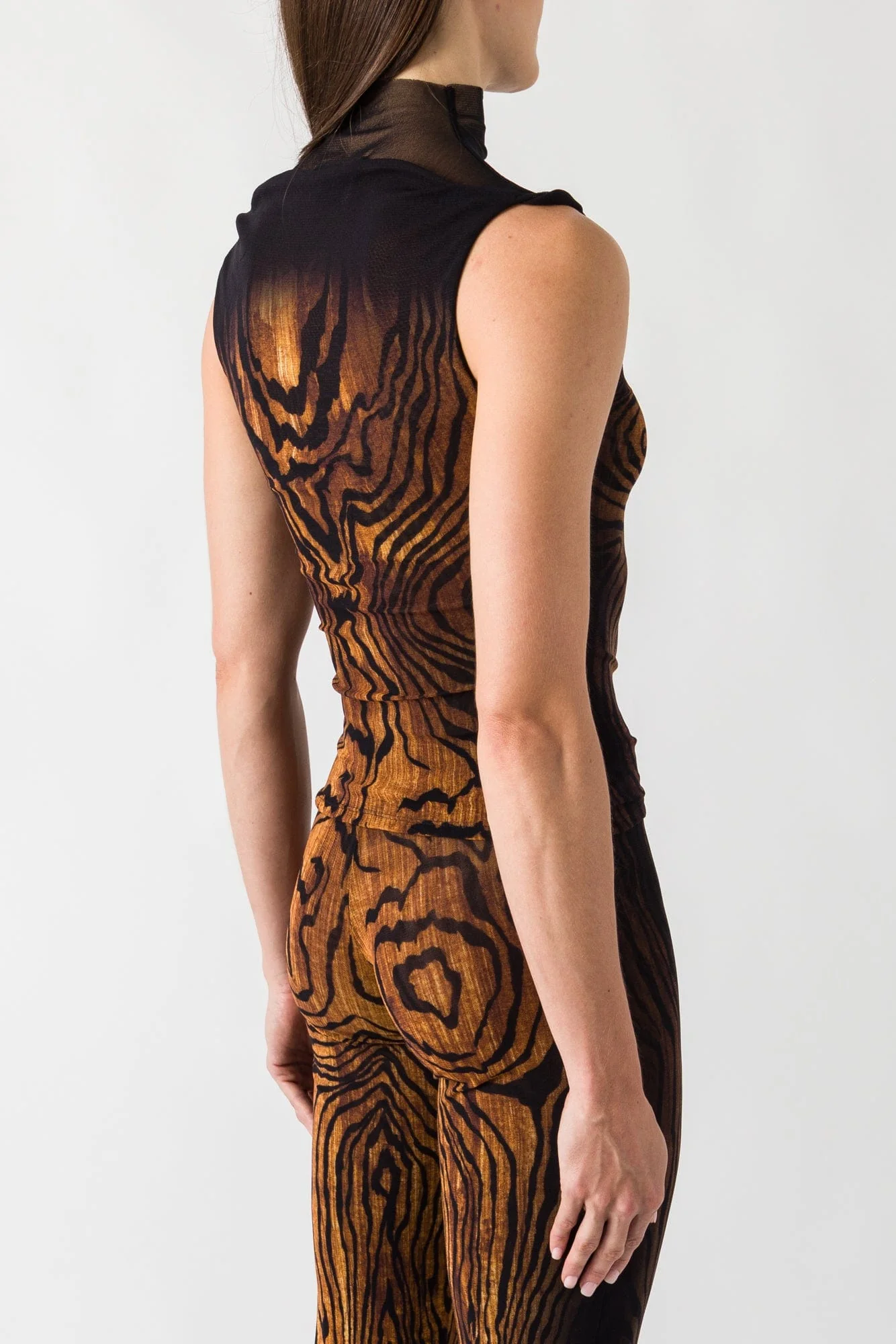 Jean Paul Gaultier Mesh High Neck Printed Tank In Wood - Image 3