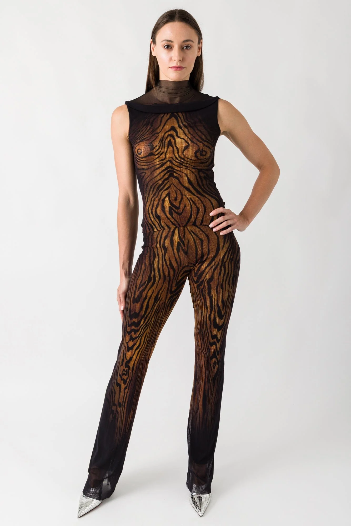 Jean Paul Gaultier Mesh High Neck Printed Tank In Wood - Image 4
