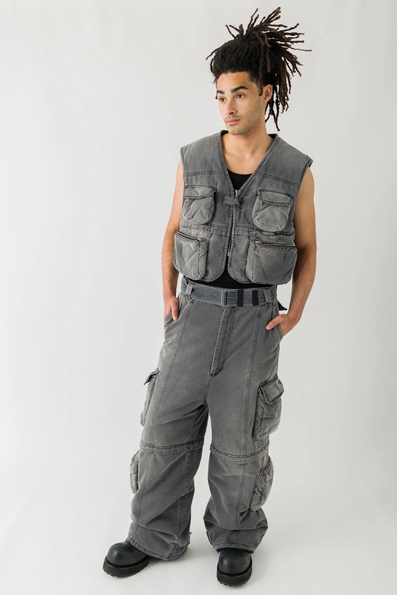 Lu'u Dan Wadded Cargo Jeans in Washed Denim - Image 4