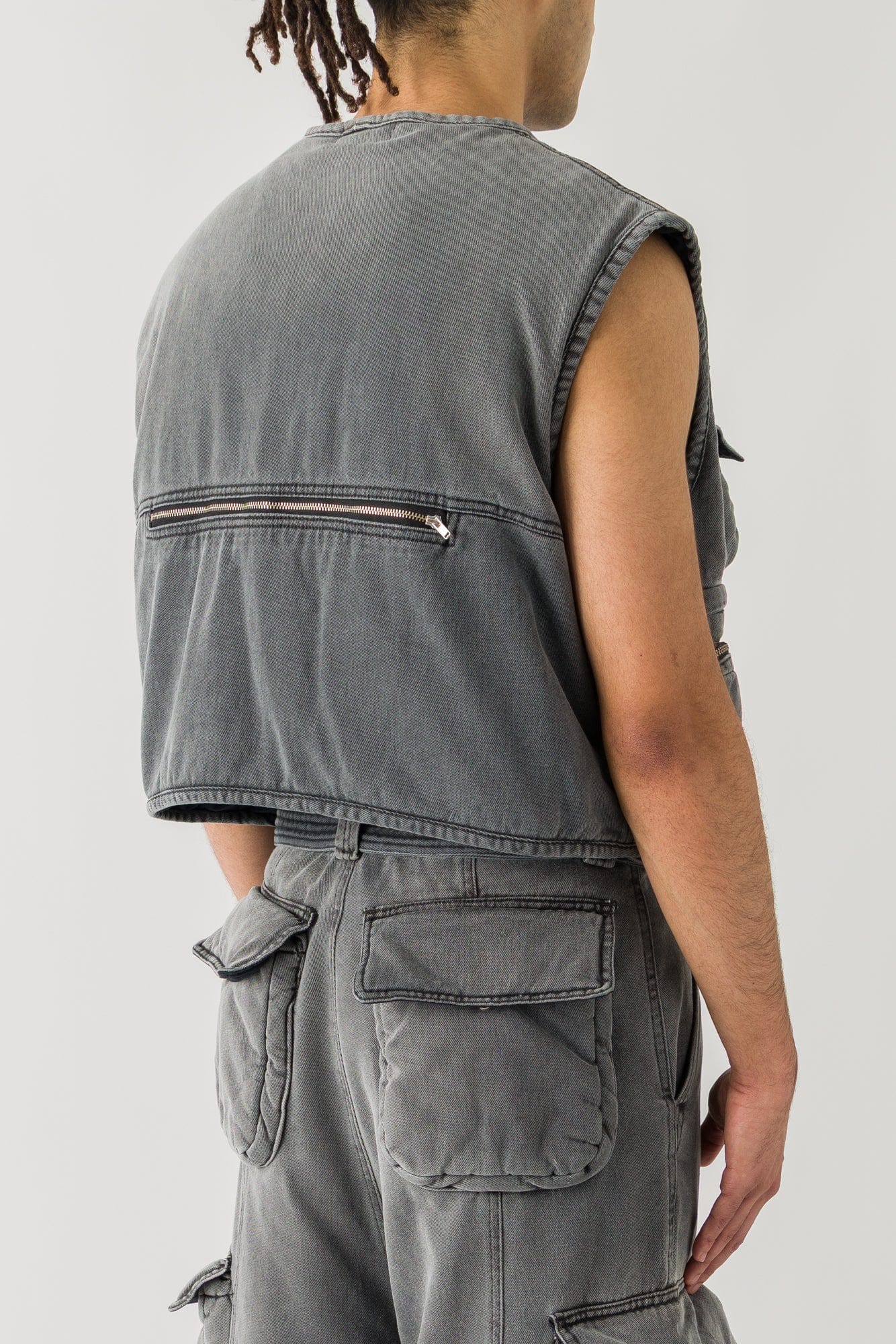 Lu'u Dan Wadded Cargo Vest in Washed Denim - Image 2