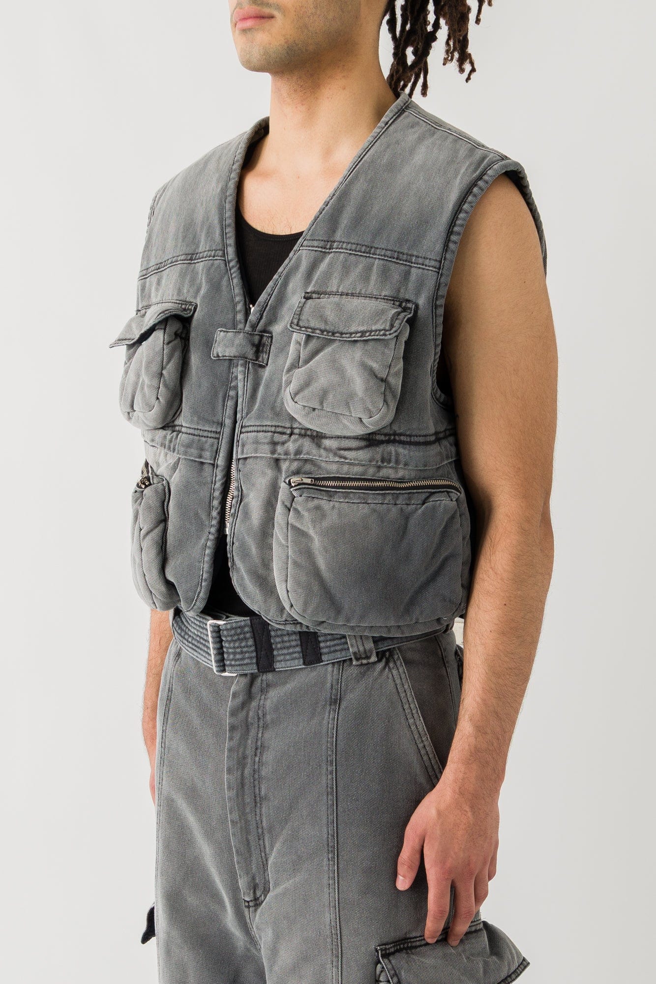 Lu'u Dan Wadded Cargo Vest in Washed Denim - Image 3