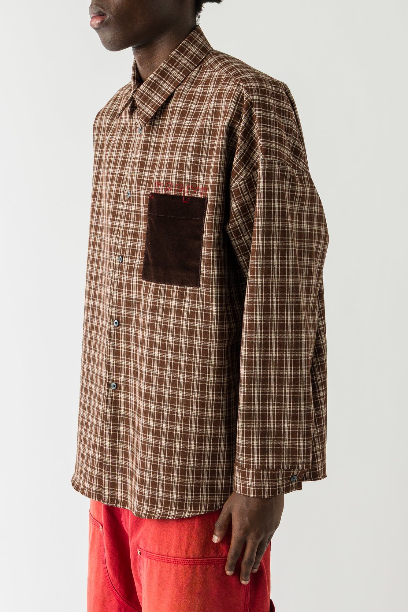 Marni Plaid Collared Shirt with Pocket in Brown - Image 2
