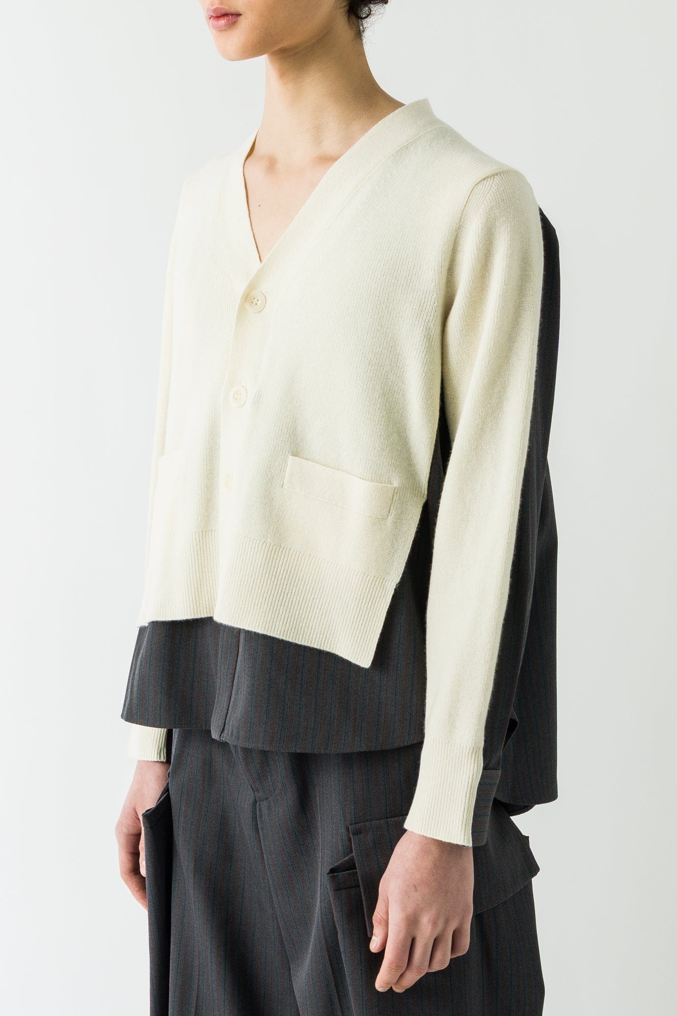 Sacai Stripe Wool Knit Cardigan in Off White and Gray - Image 2
