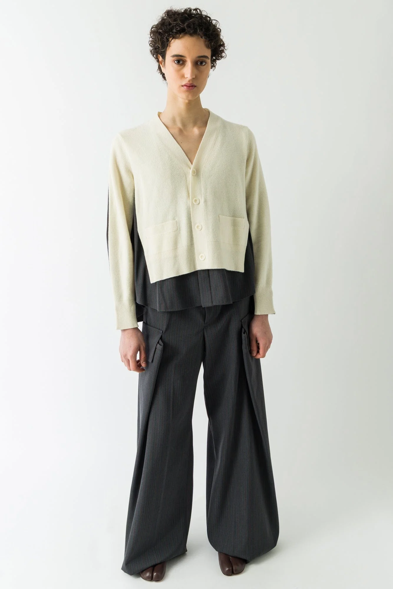 Sacai Stripe Wool Knit Cardigan in Off White and Gray - Image 4