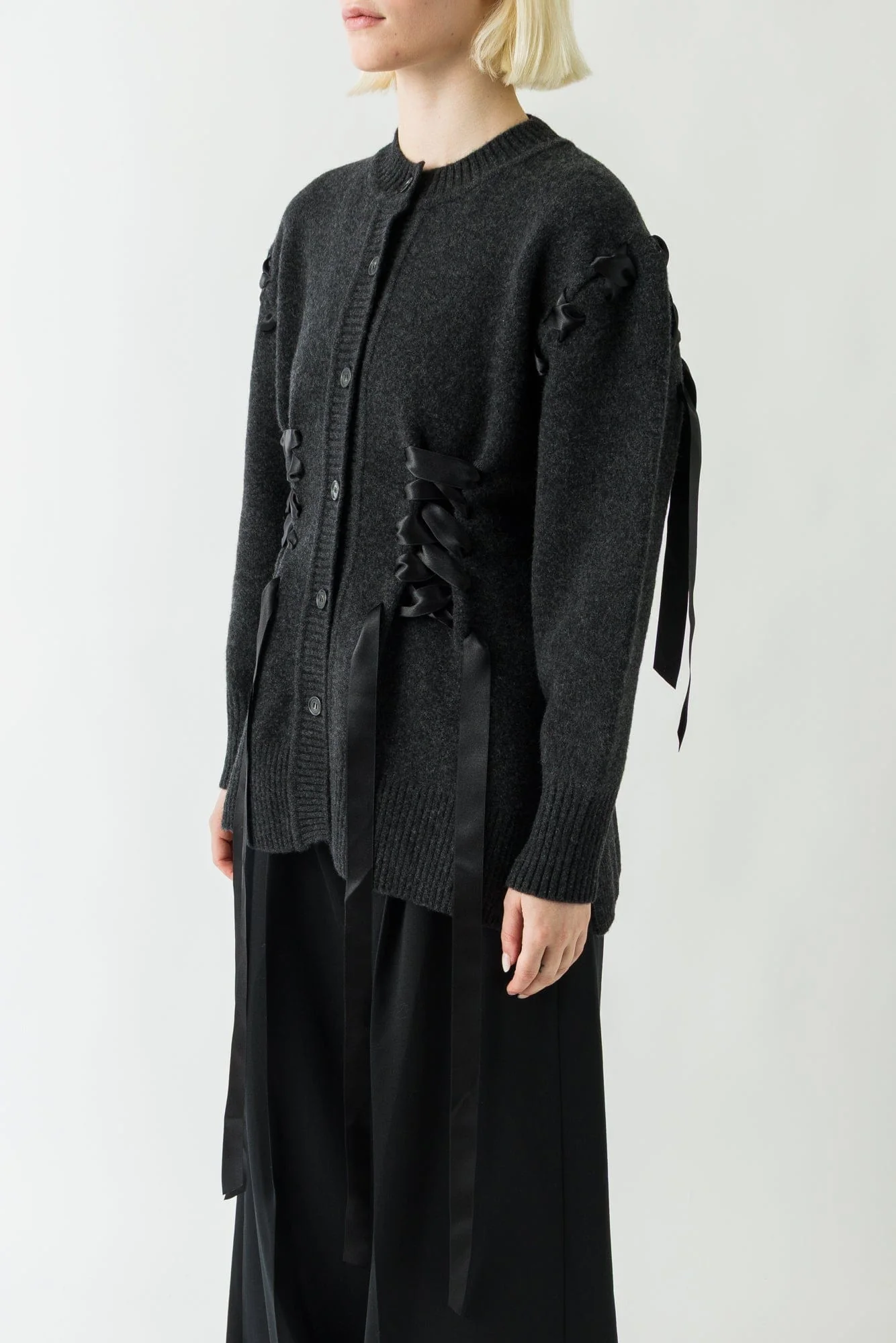Simone Rocha Ribbon Corset Cardigan In Charcoal - Image 2