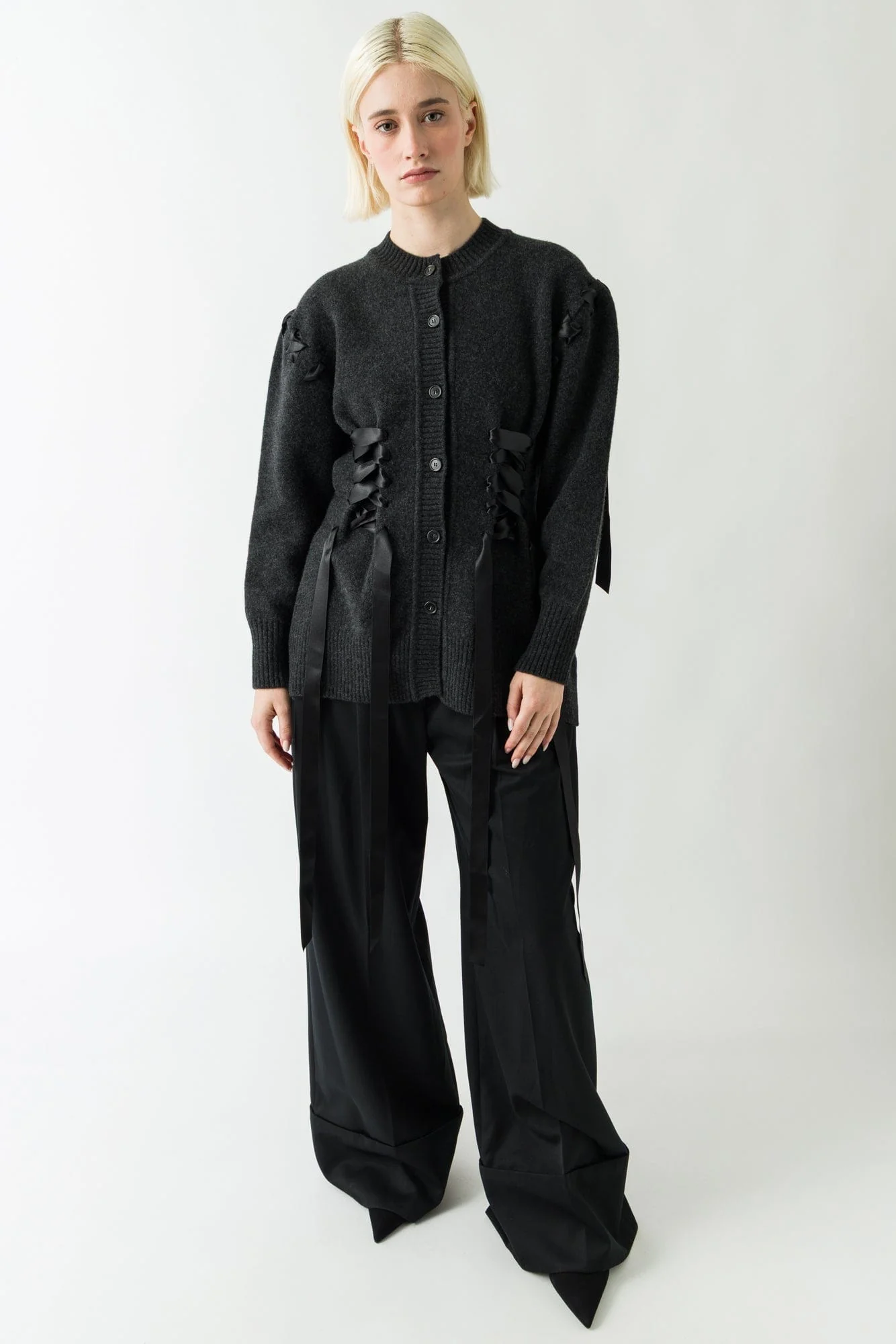 Simone Rocha Ribbon Corset Cardigan In Charcoal - Image 4