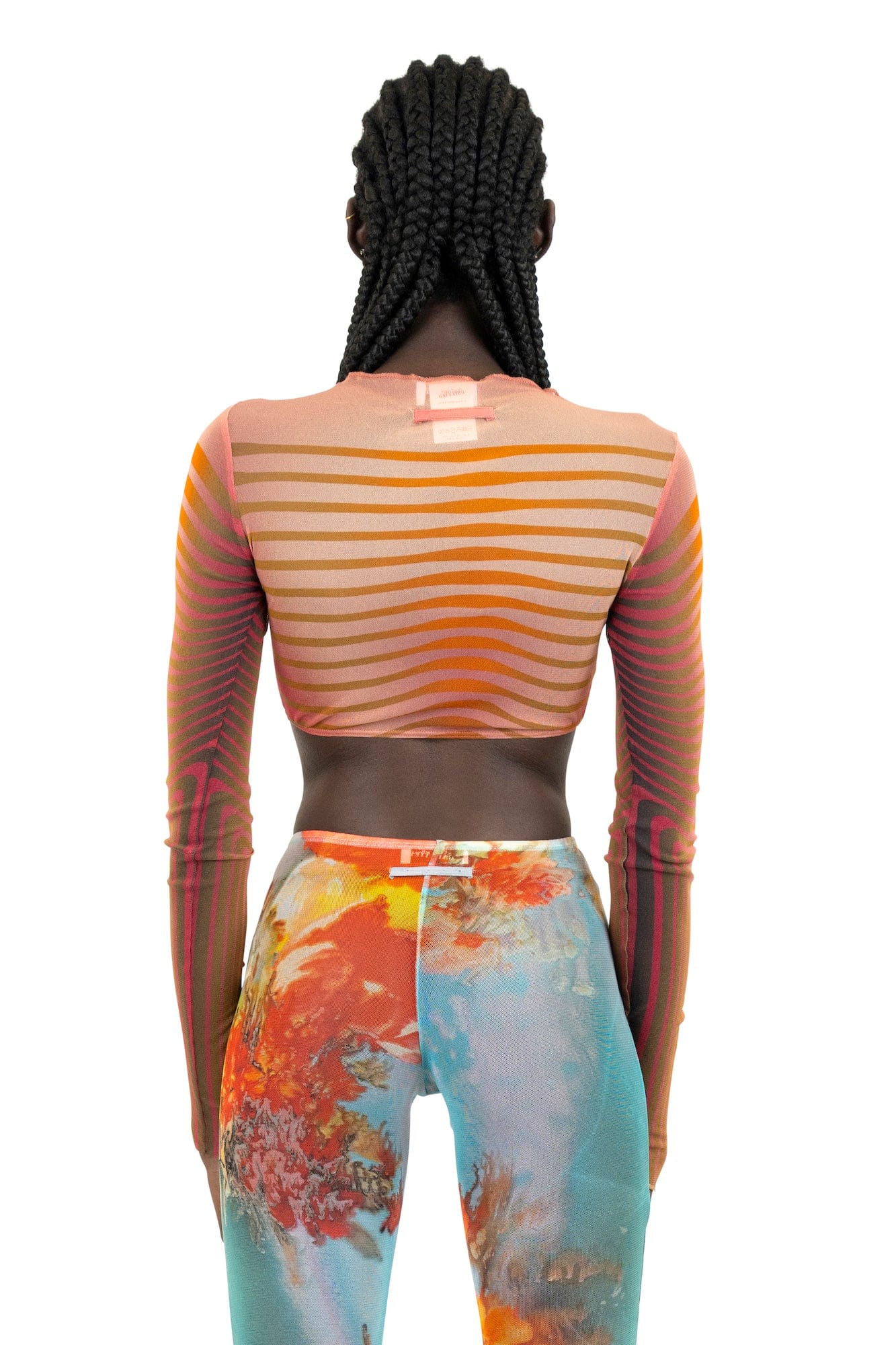 Jean Paul Gaultier Cropped Top Long Sleeves Fleur Morphing Stripes in Red/Orange - Image 2