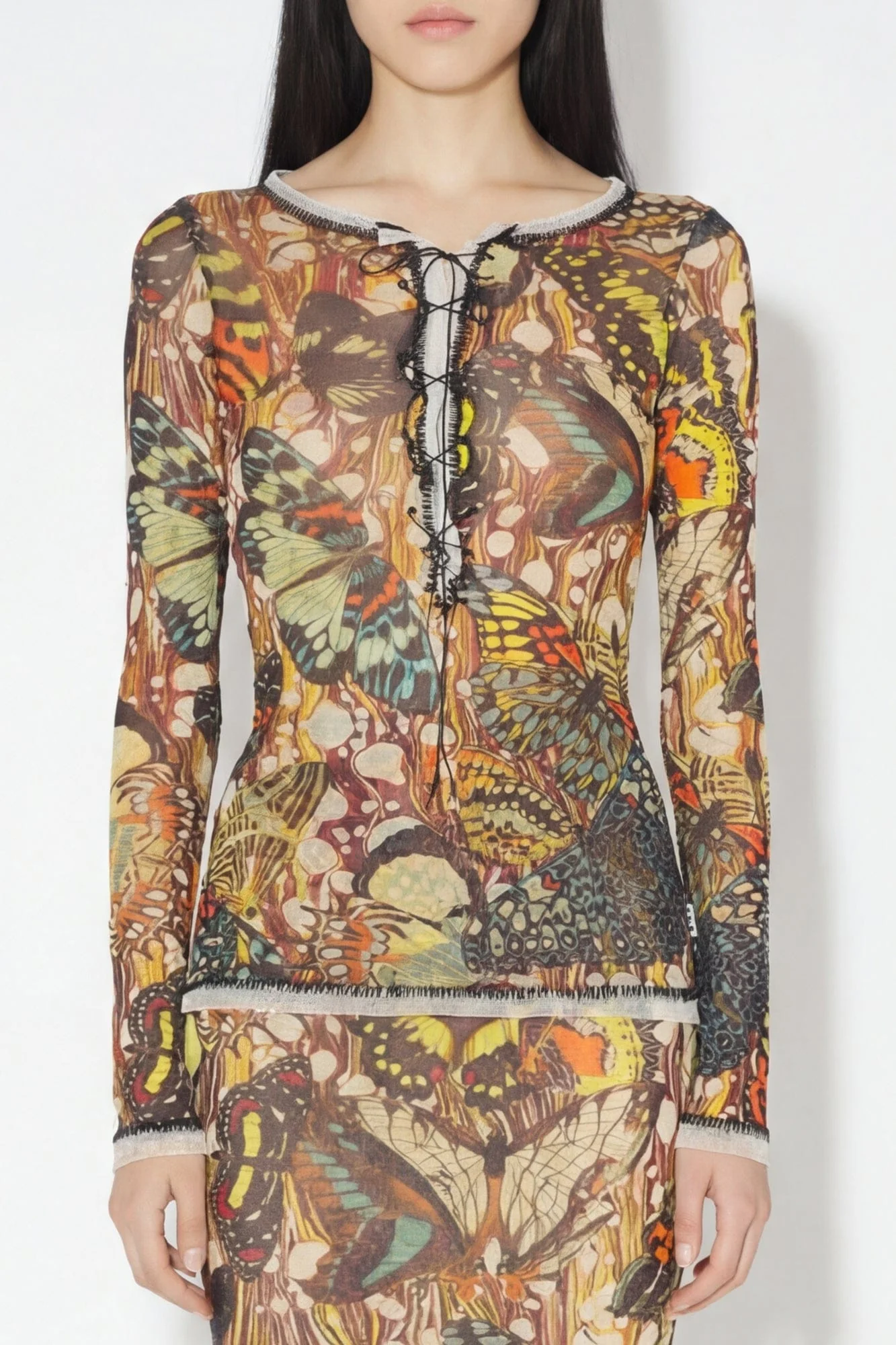 Jean Paul Gaultier Mesh Long Sleeve with Lacing in Papillon