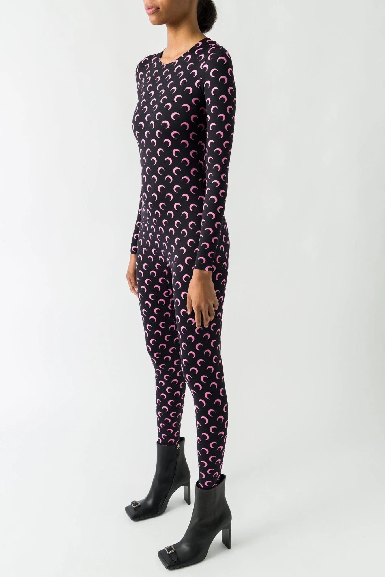 Marine Serre Moon Printed Jersey Longsleeve Catsuit in Black/Pink FW25 - Image 2