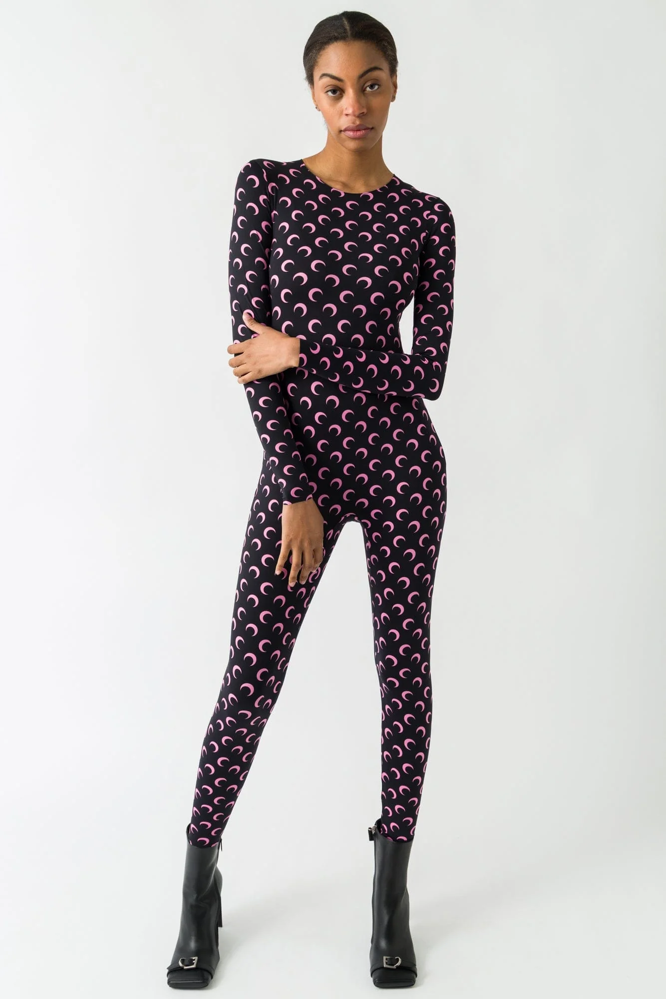 Marine Serre Moon Printed Jersey Longsleeve Catsuit in Black/Pink FW25 - Image 4