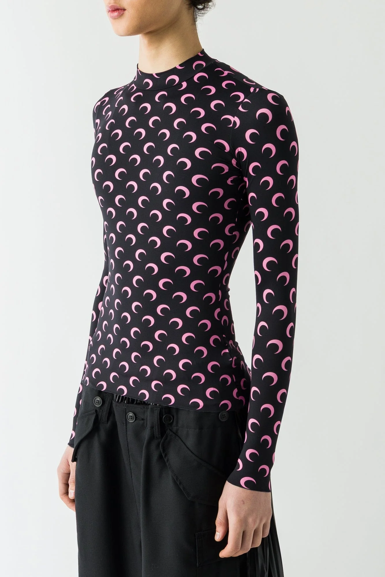 Marine Serre Moon Printed Jersey Longsleeve Highneck Top in Black/Pink FW25 - Image 2