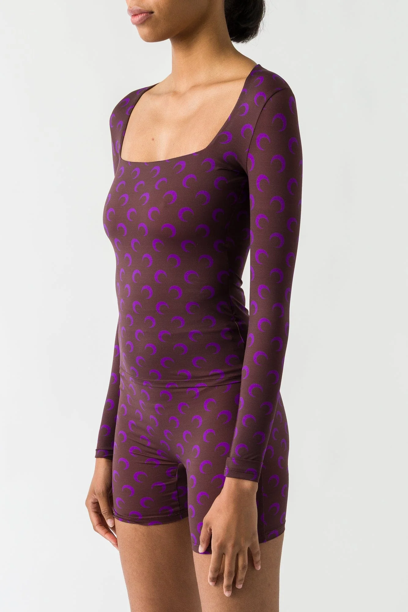 Marine Serre Moon Printed Jersey Longsleeve Squareneck Top in Aubergine FW25 - Image 2