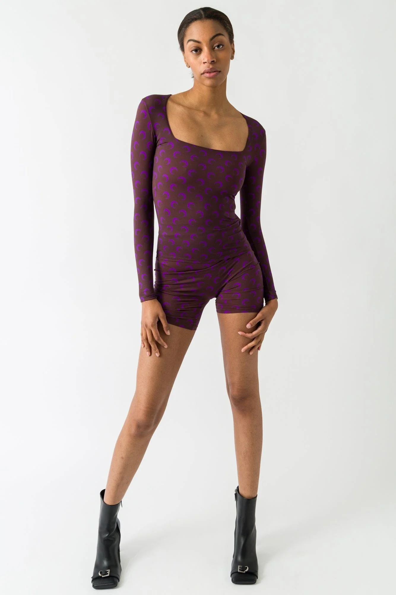 Marine Serre Moon Printed Jersey Longsleeve Squareneck Top in Aubergine FW25 - Image 4