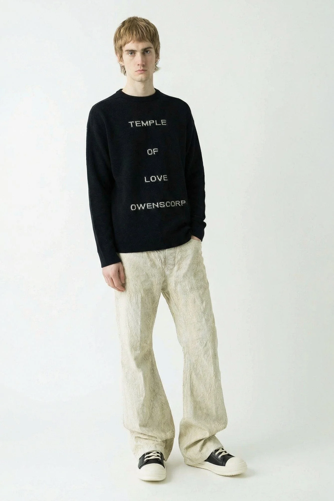 Rick Owens Maglia Round Neck Sweater in Black/Butter SS26 - Image 4