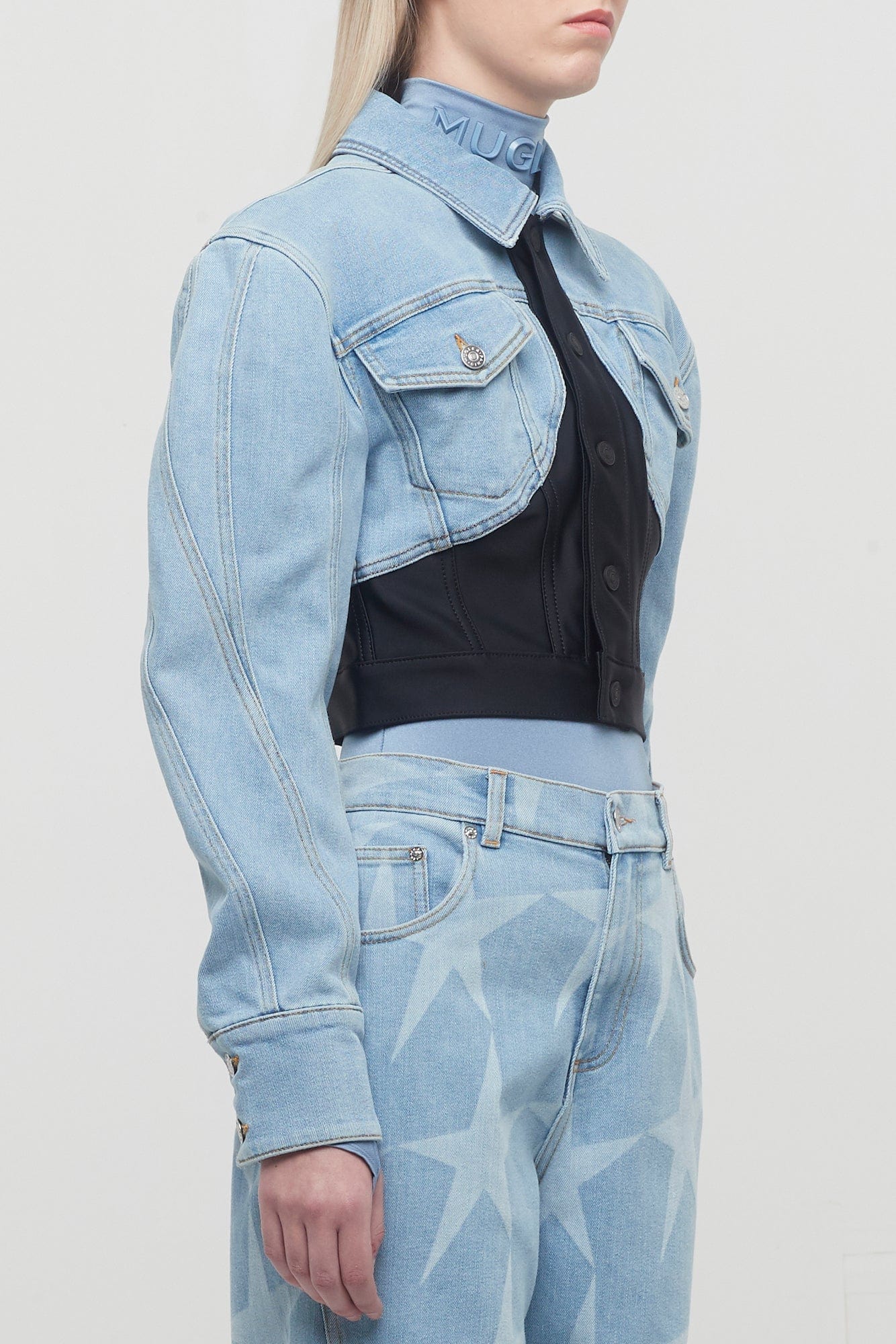 Mugler Denim Jersey Cropped Jacket - Image 2