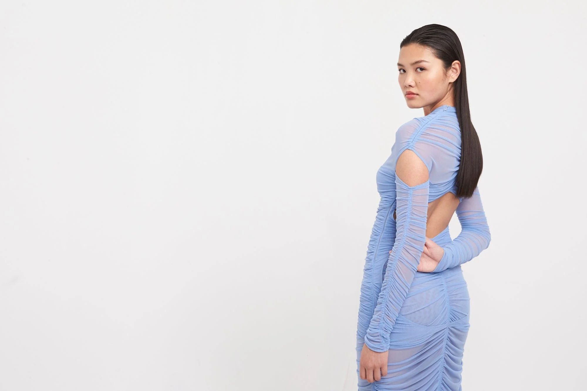 Mugler Eco Mesh Ruched Dress in Silver Blue - Image 6