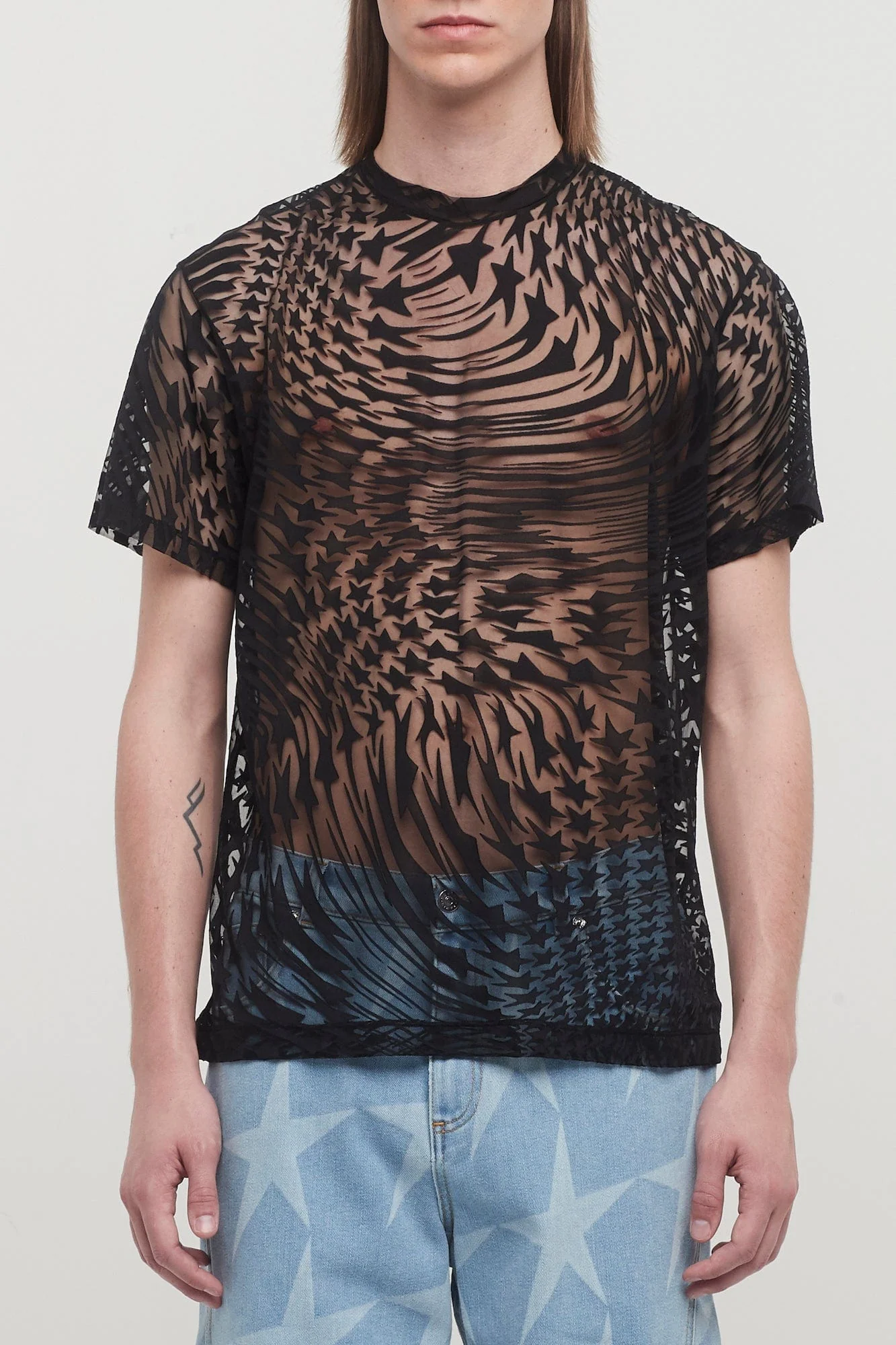 Mugler Jersey Devore Star Flow Tee Shirt in Black