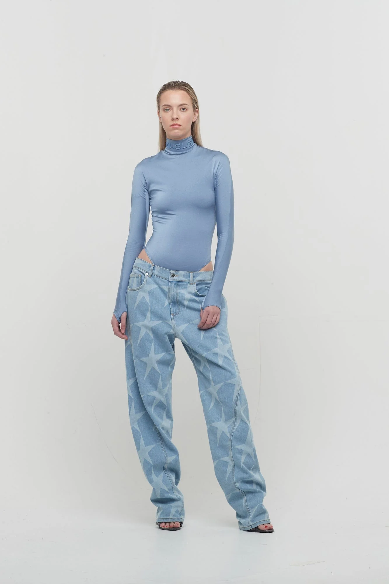 Mugler Shiny Lycra Body in Silver Blue - Image 4