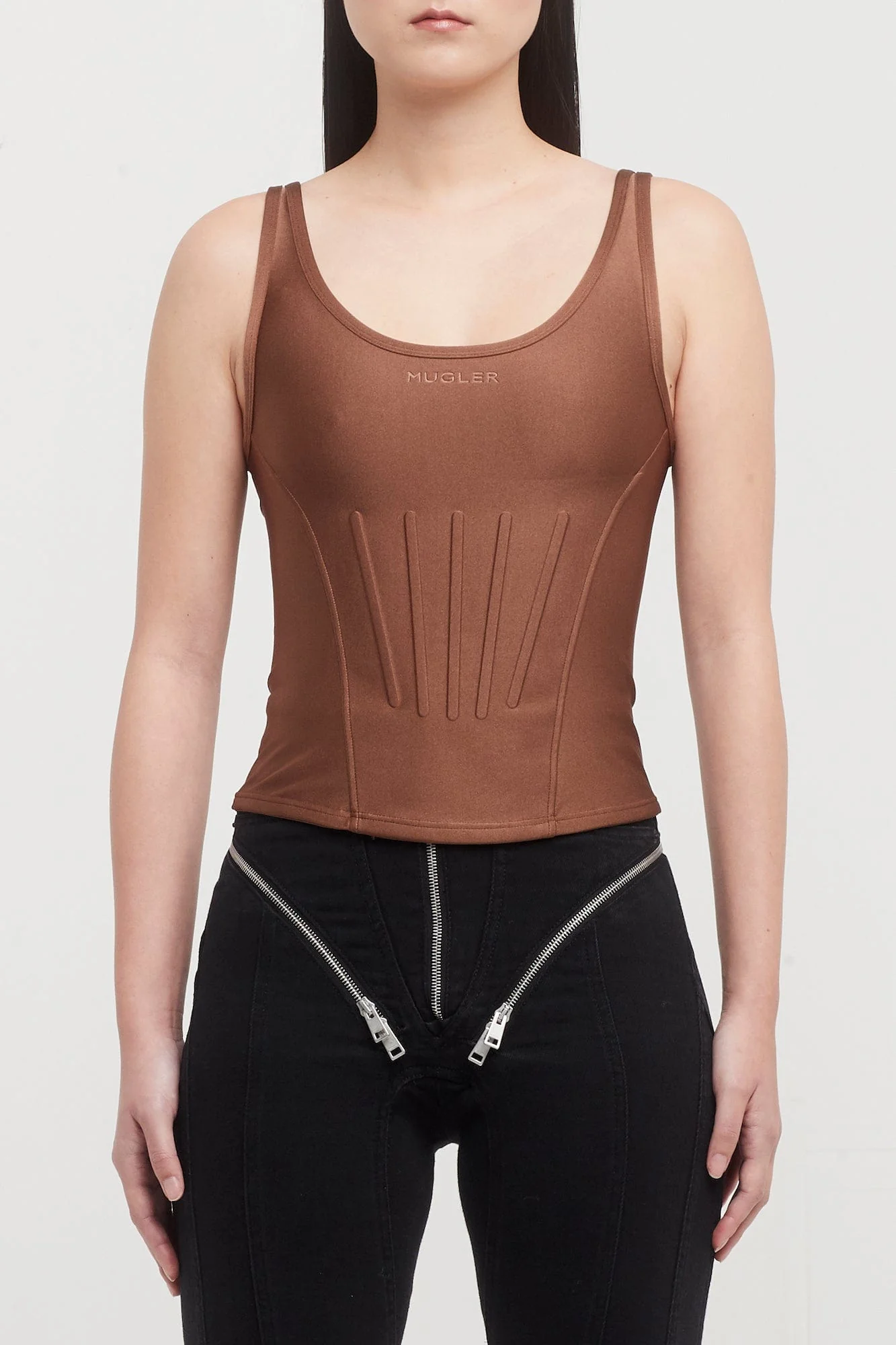 Mugler Shiny Lycra Corseted Tank Top in Cinnamon