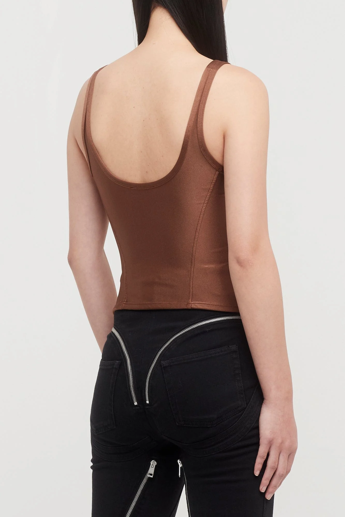 Mugler Shiny Lycra Corseted Tank Top in Cinnamon - Image 3