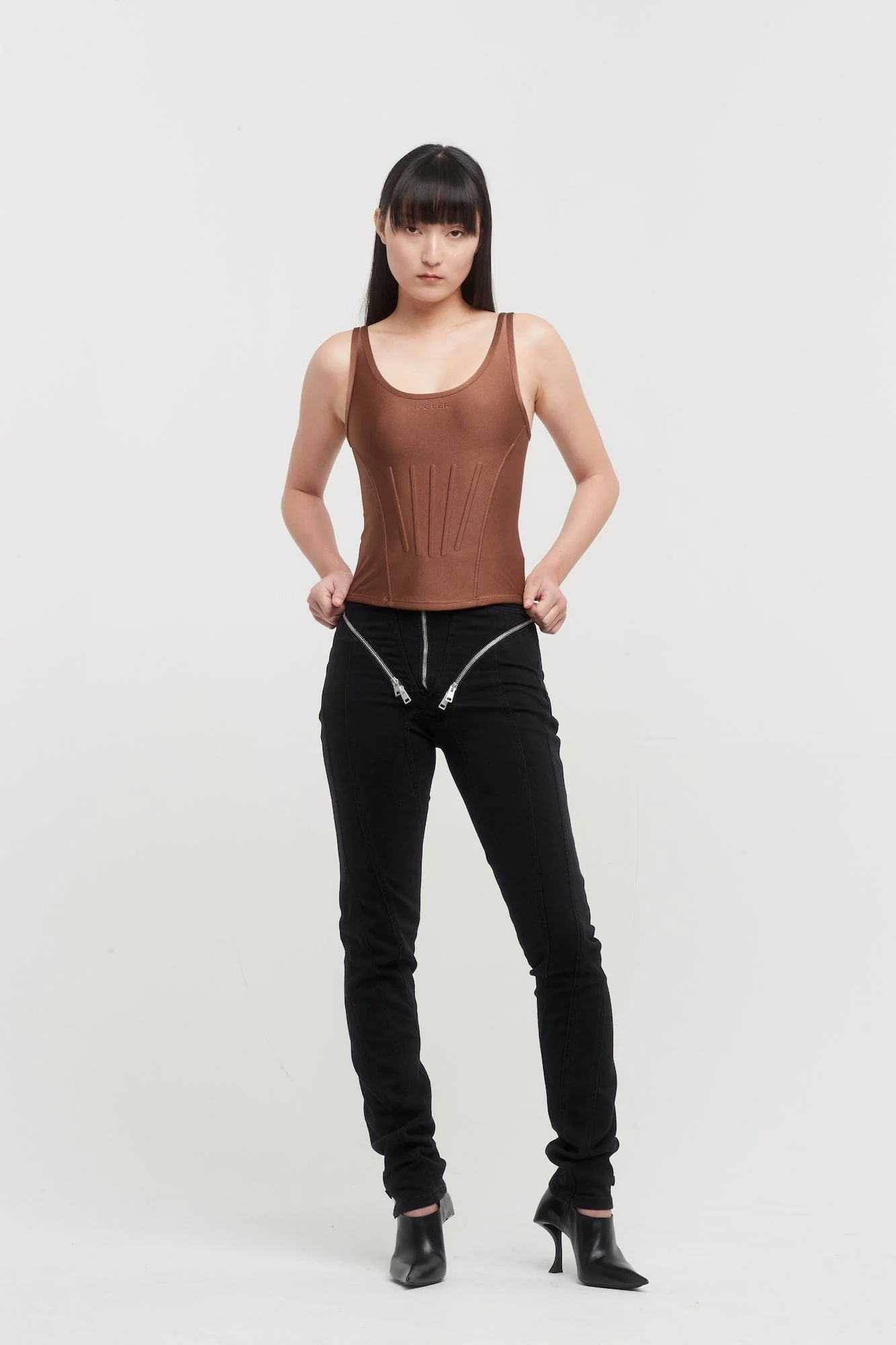 Mugler Shiny Lycra Corseted Tank Top in Cinnamon - Image 4