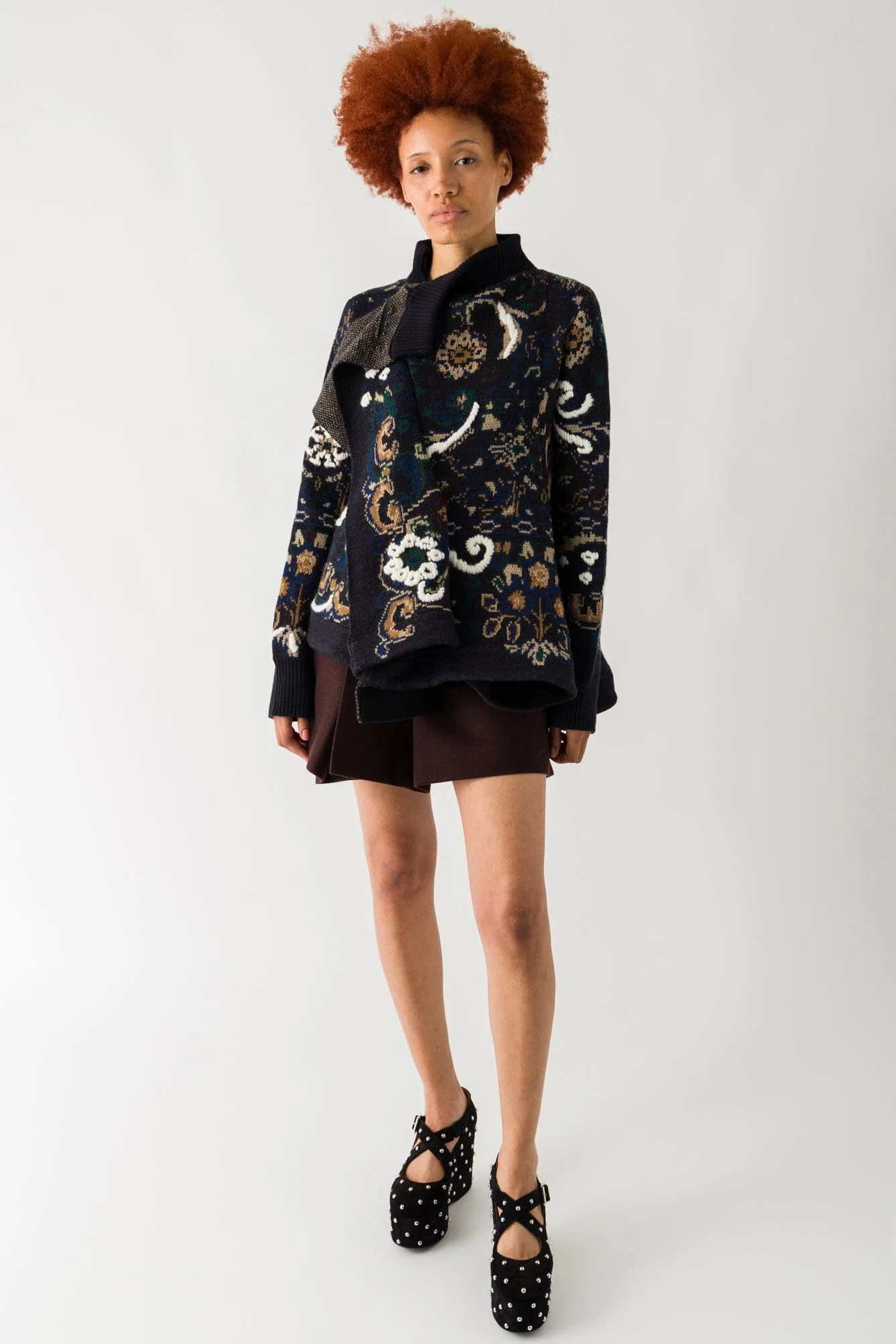 Sacai Floral Jacquard Knit Blouson In Navy - Image 4