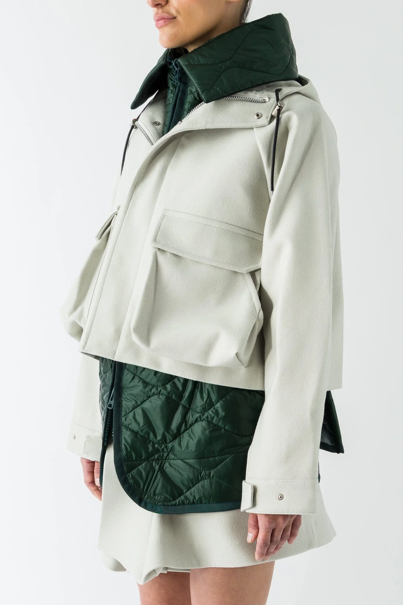 Sacai Wool Melton Blouson In Ecru/Green - Image 2