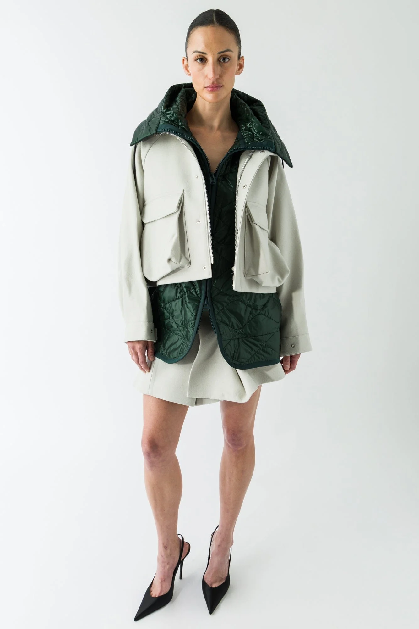 Sacai Wool Melton Blouson In Ecru/Green - Image 4