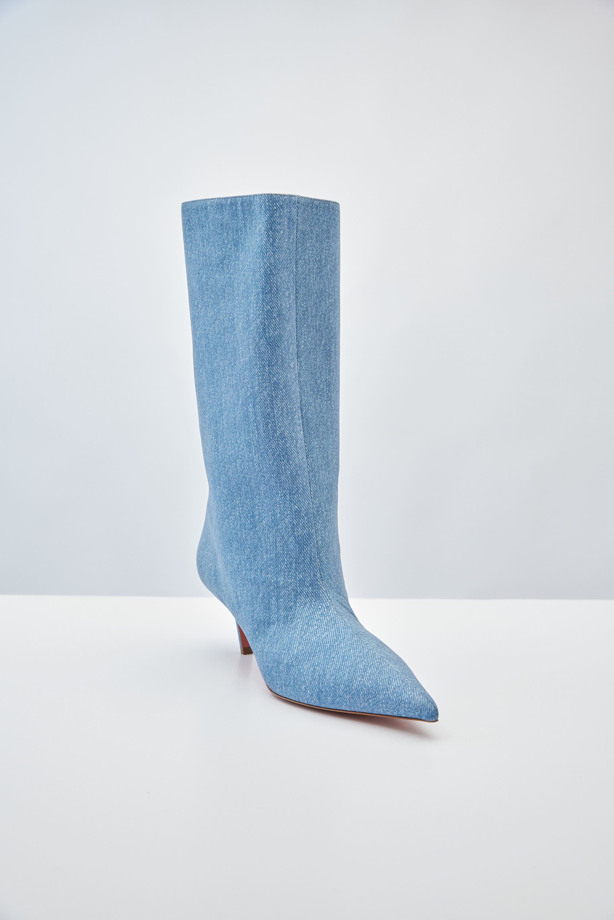 Amina Muaddi Fiona Boot in Suede Denim - Image 3