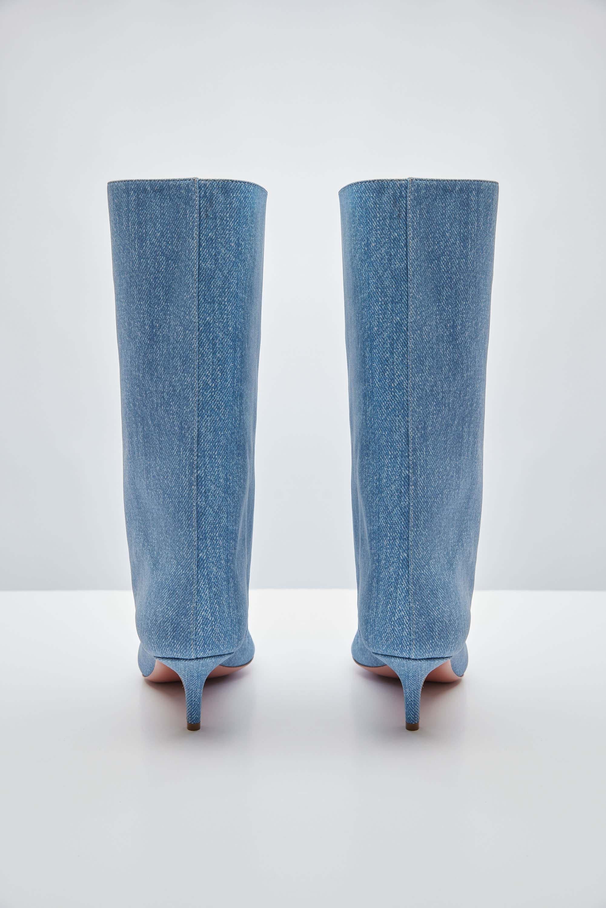 Amina Muaddi Fiona Boot in Suede Denim - Image 4