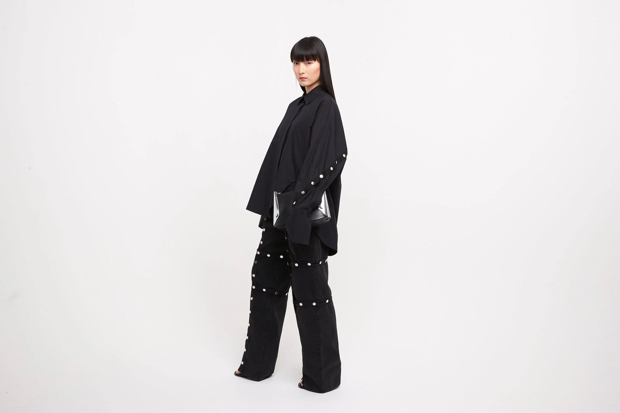 The Attico Long Button Off Denim Pants in Black - Image 4