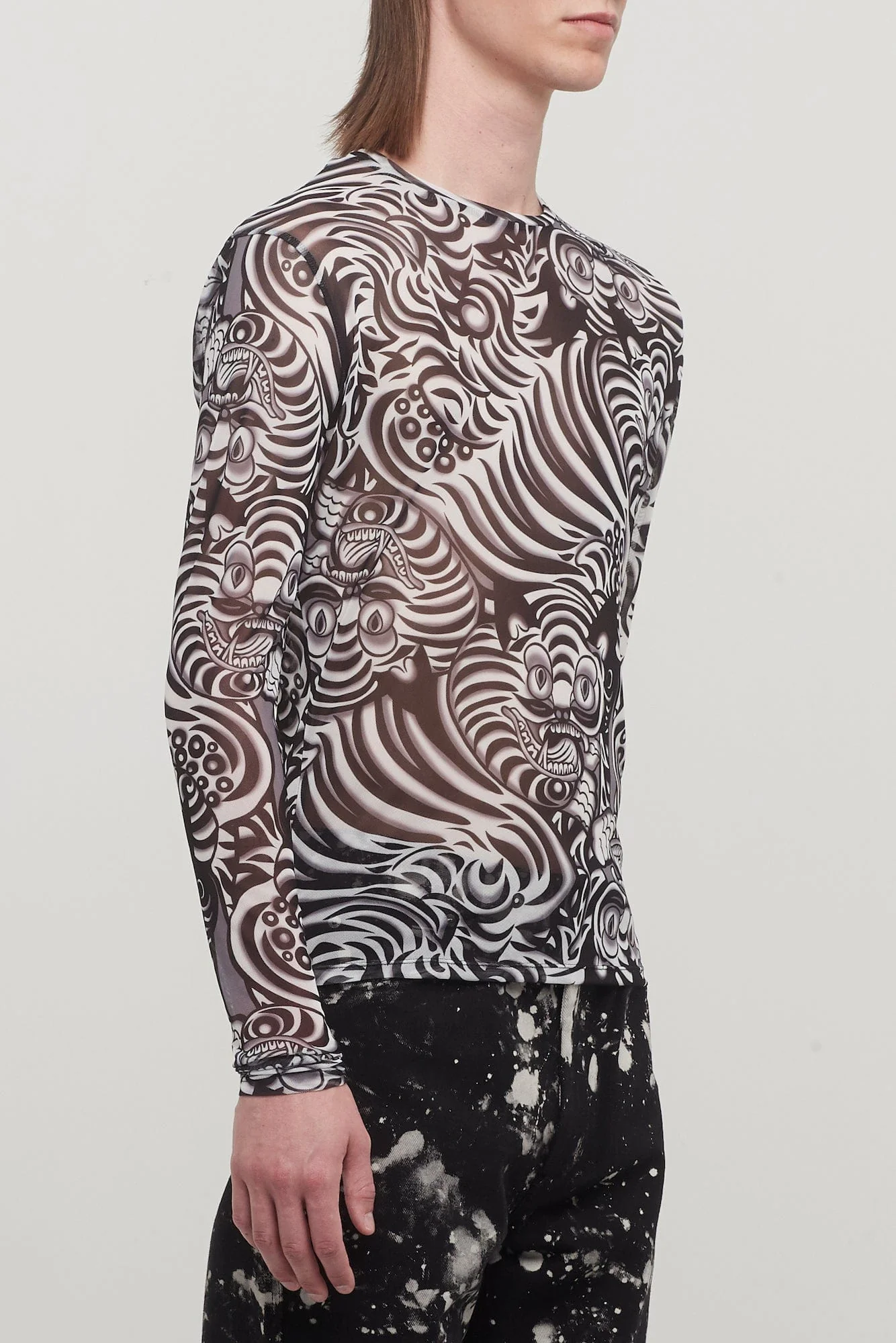 Lu'u Dan Kamikaze Print Mesh Long Sleeve Top in Black - Image 2