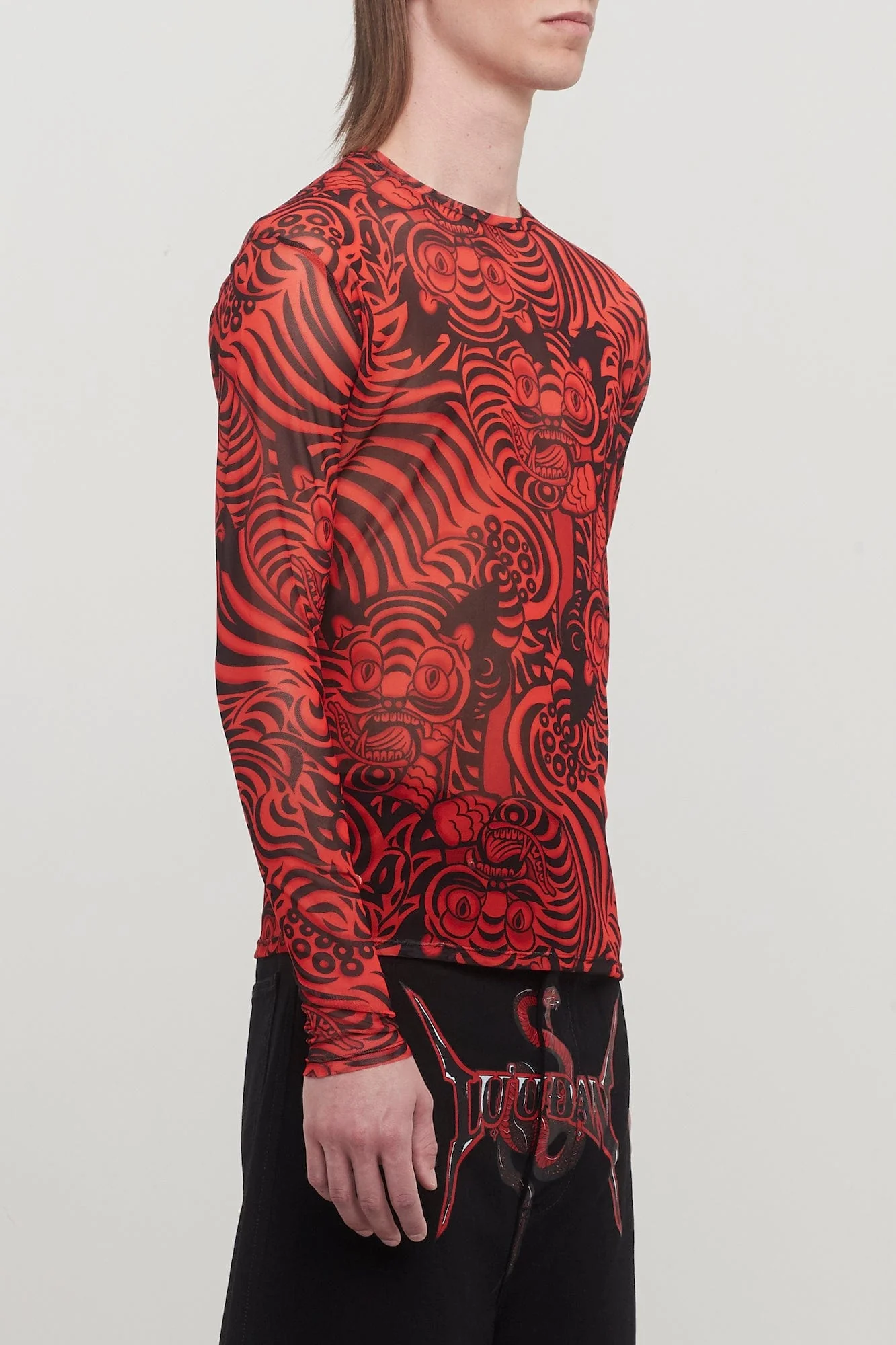 Lu'u Dan Kamikaze Print Mesh Long Sleeve Top in Red - Image 2